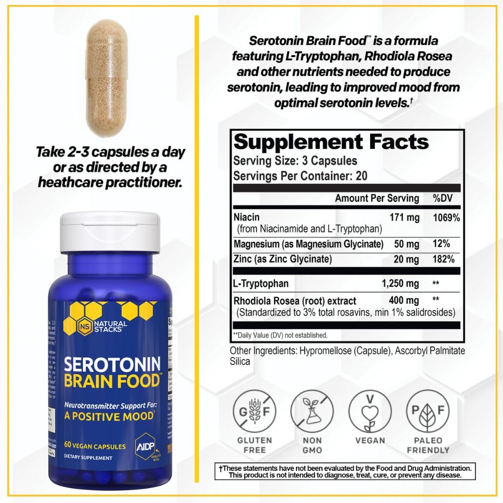 Natural Stacks Serotonin Brain Food, capsules visibles pour le bien-être émotionnel potentiel