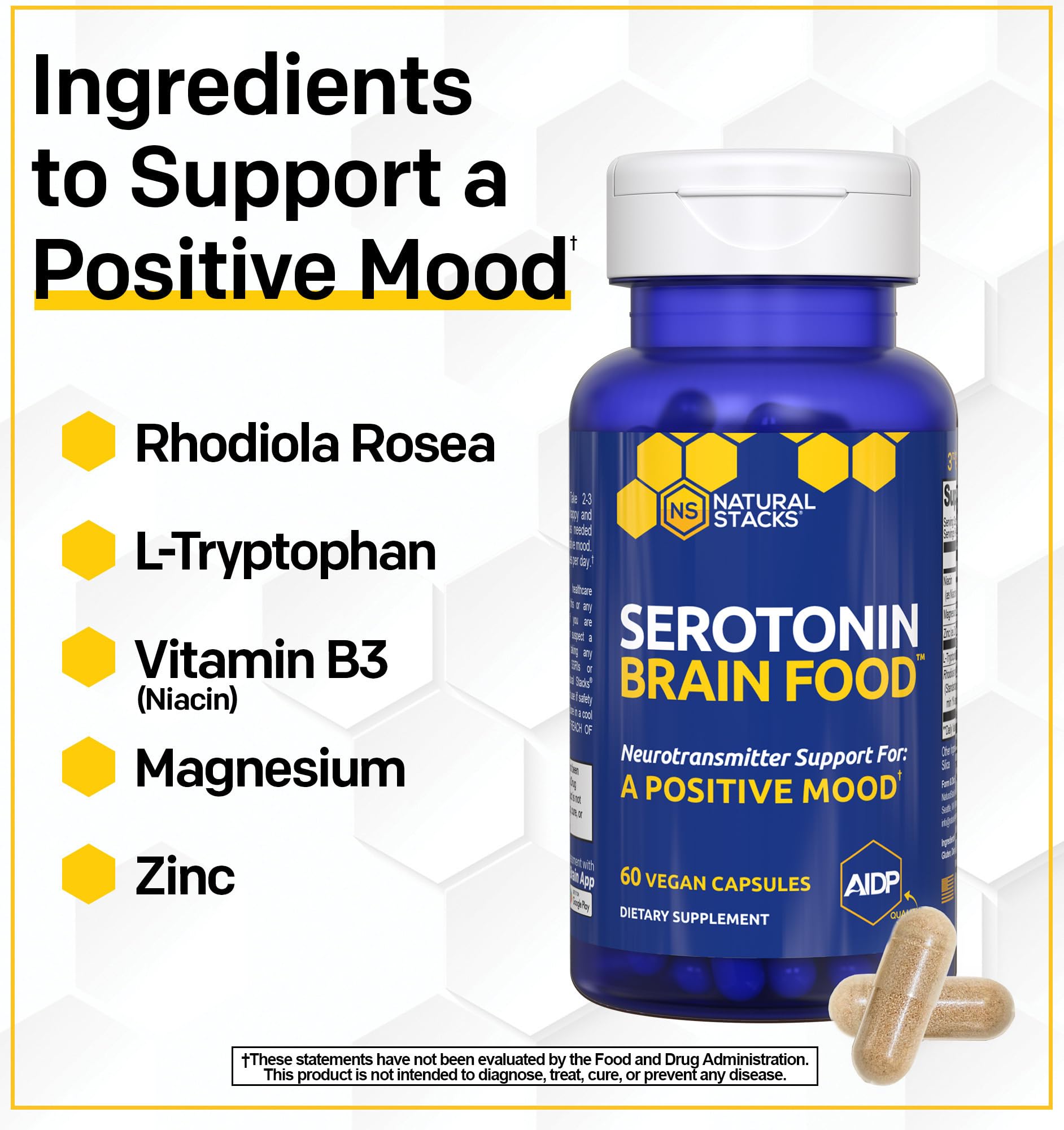 Natural Stacks Serotonin Brain Food, dosage sur l'étiquette pour planification des prises