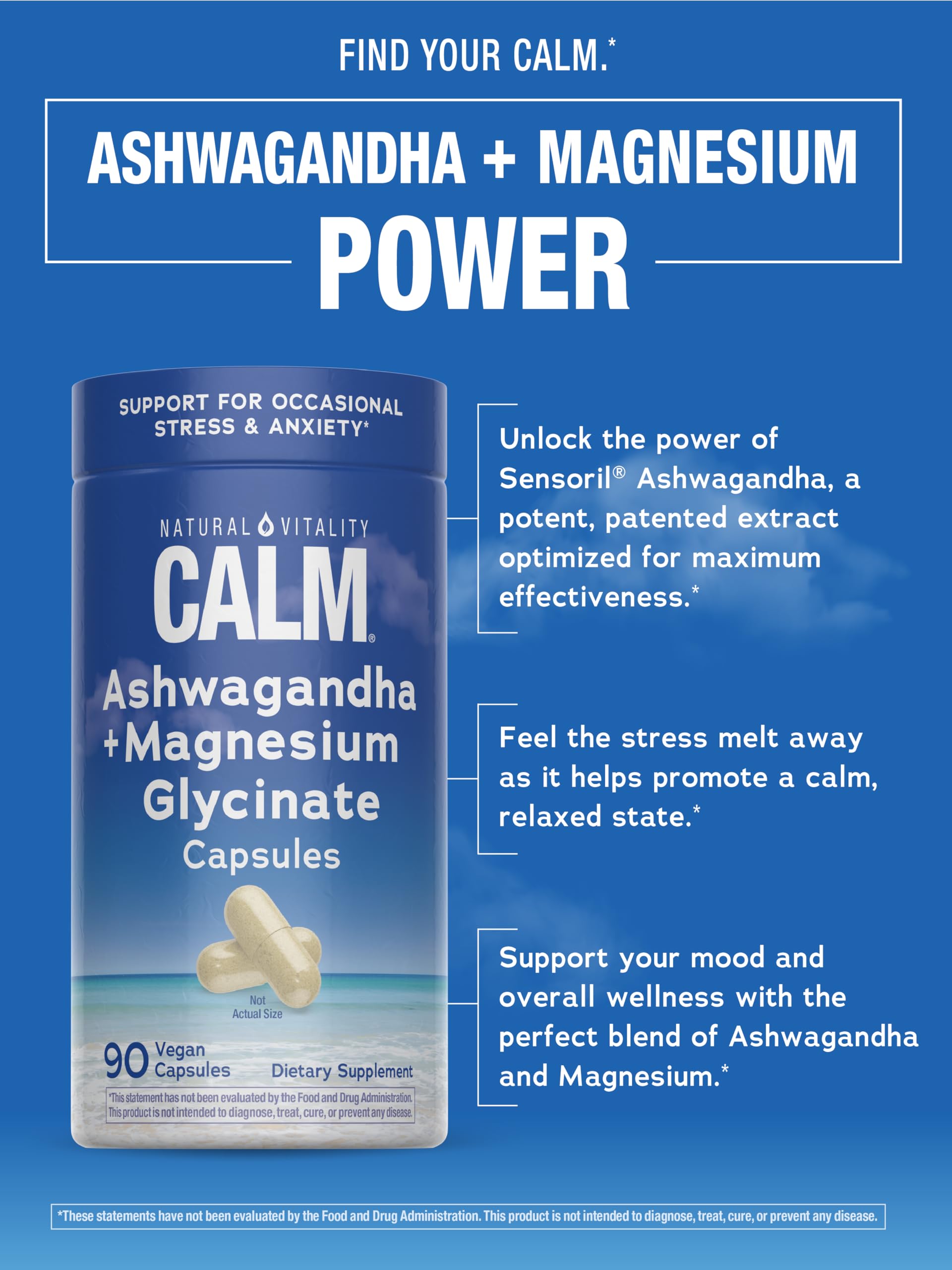 Étiquette du produit CALM Ashwagandha – informations utiles et design clair