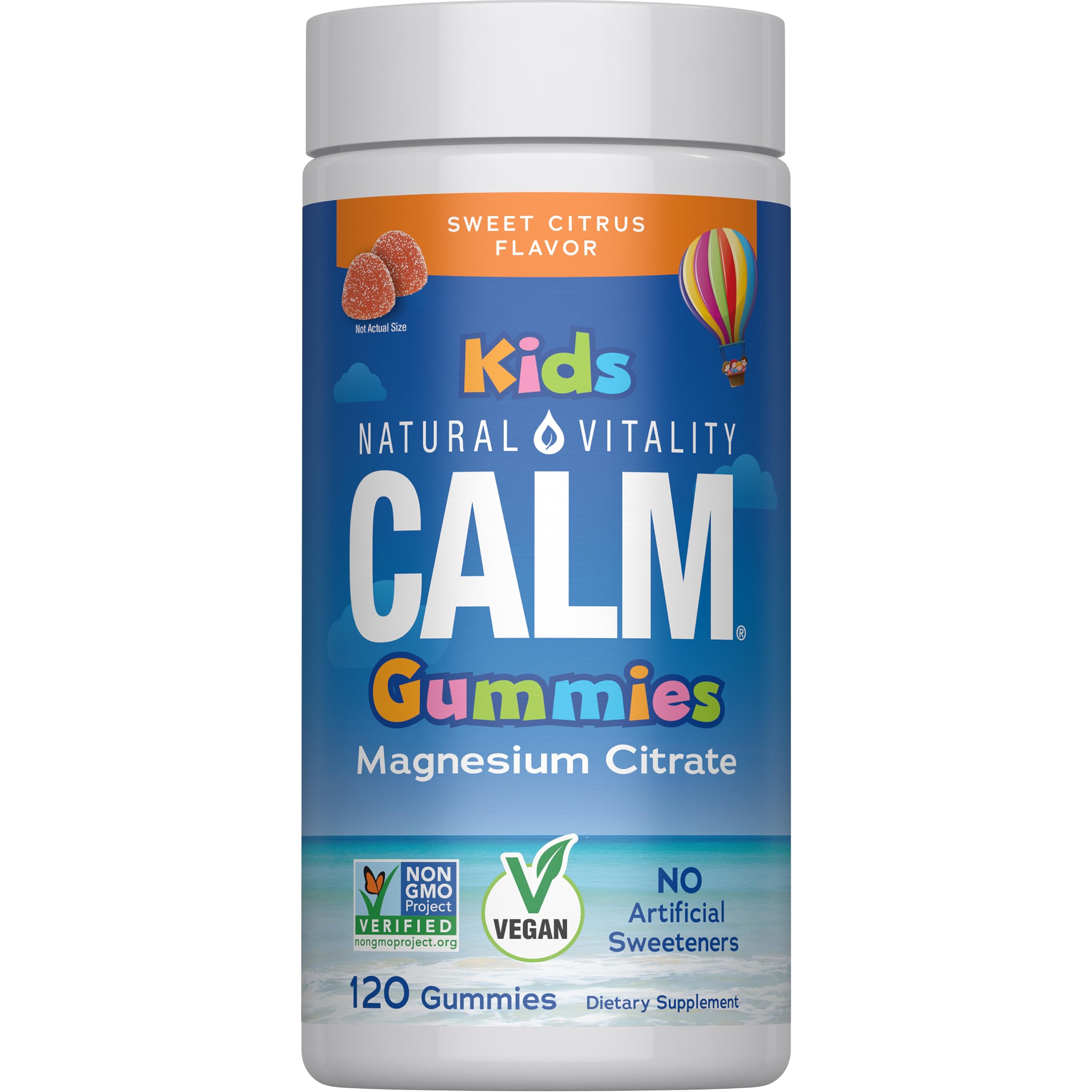Natural Vitality CALM: bouteille de bonbons gélifiés pour enfants, plaisir et détente potentielle.