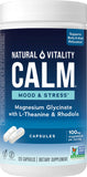 Bouteille Natural Vitality Calm montrant les capsules, soutien potentiel à l'humeur et au stress.