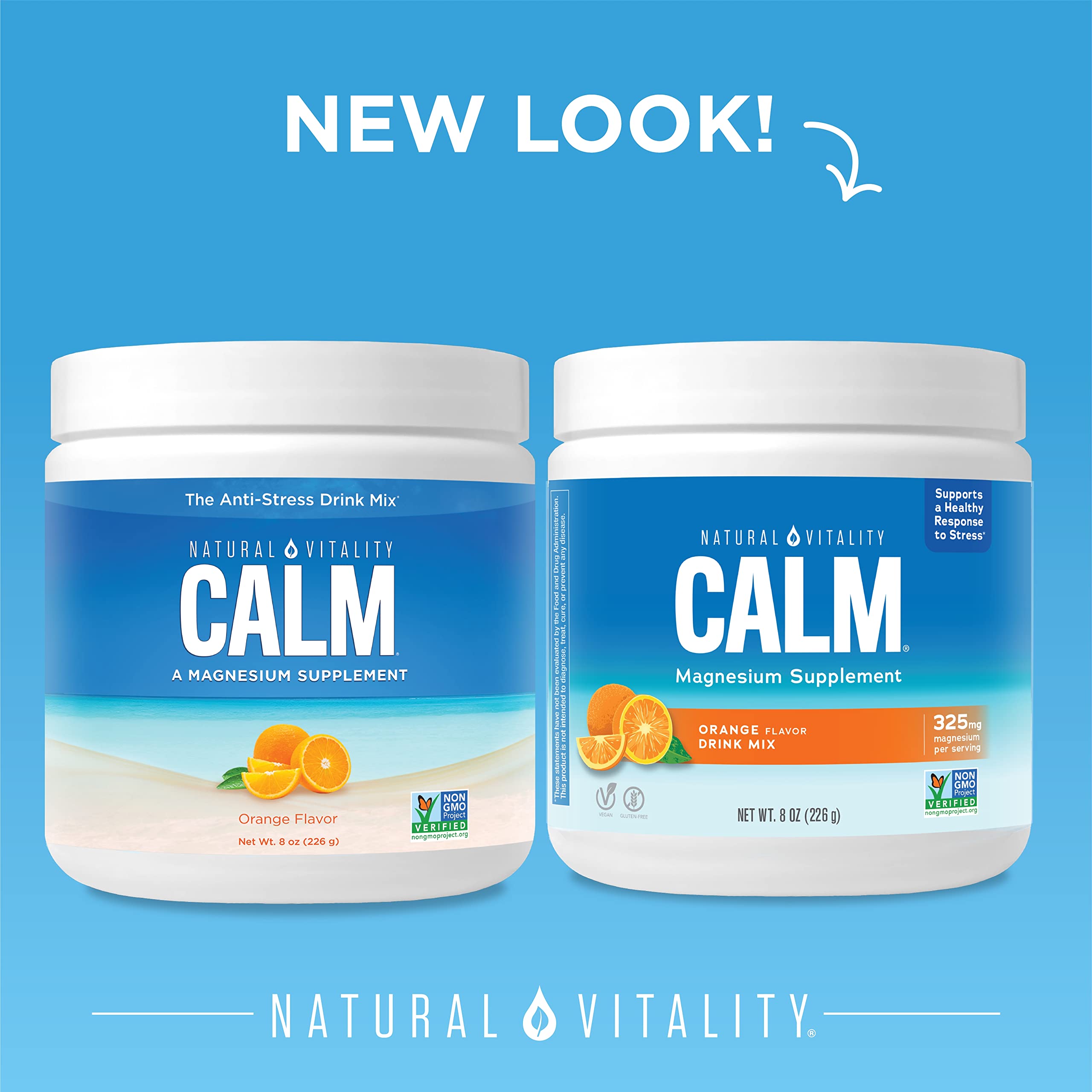 Natural Vitality CALM – poudre orange prête à être mélangée dans l'eau.