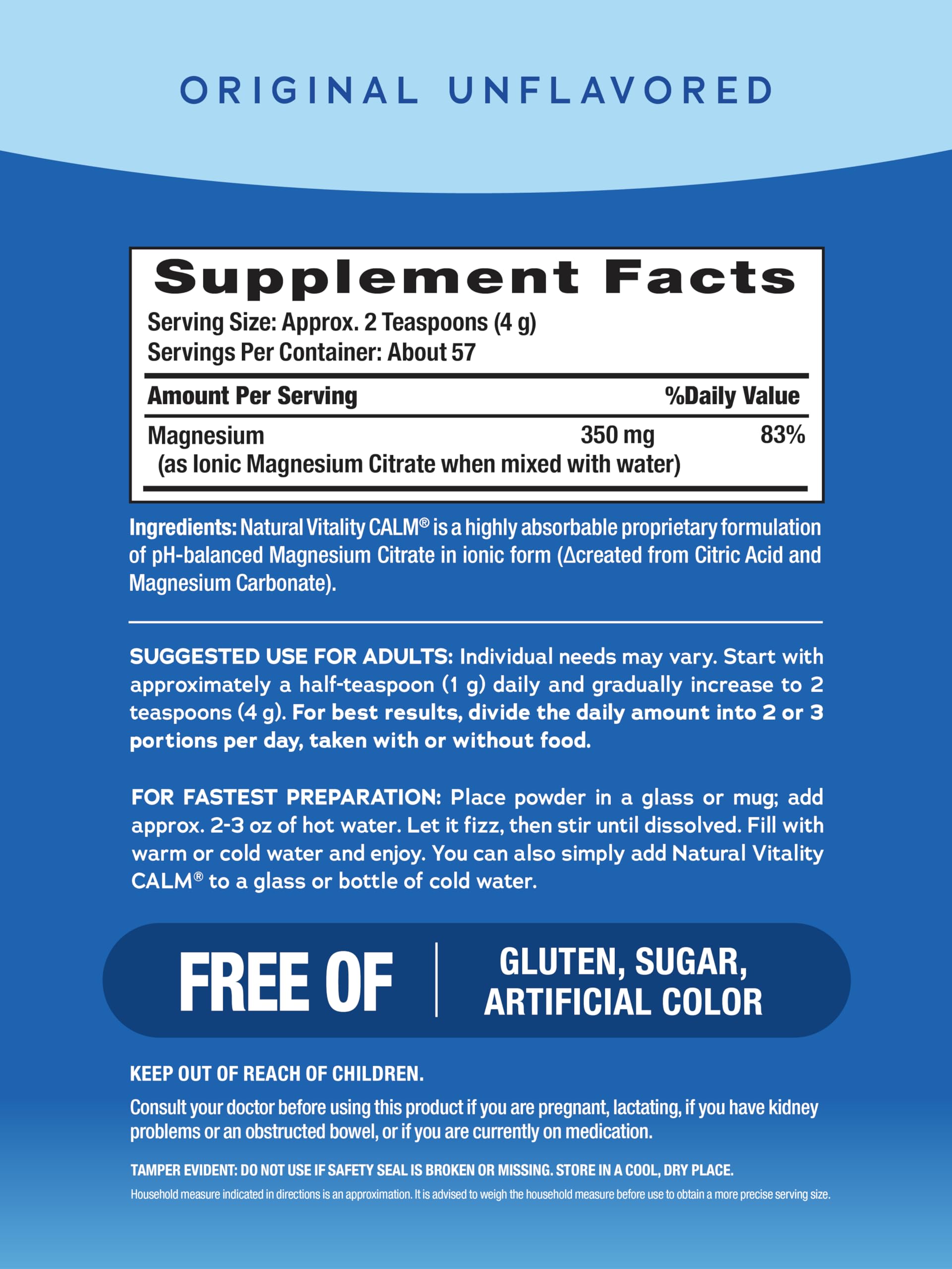 Natural Vitality MaxCalm : poudre magnésium se dissolvant rapidement dans l'eau pour une boisson neutre.