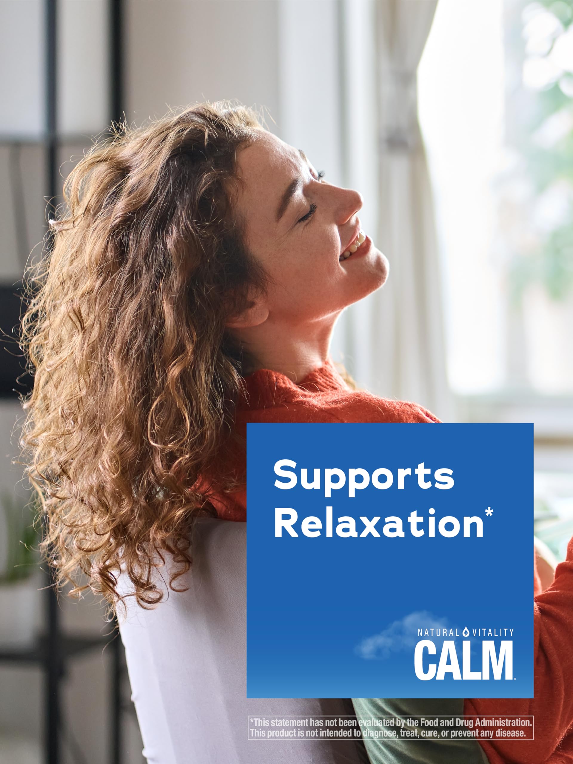 Natural Vitality MaxCalm : etiquette-bouteille met en avant le produit et sa praticité.
