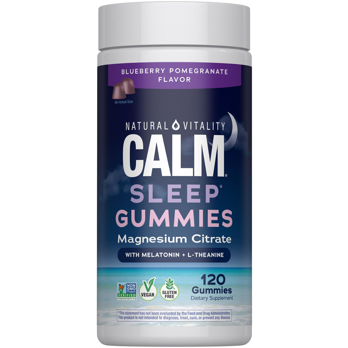 Natural Vitality SLEEP Gummies, bouteille ouverte prête à l’emploi pour une routine nocturne.