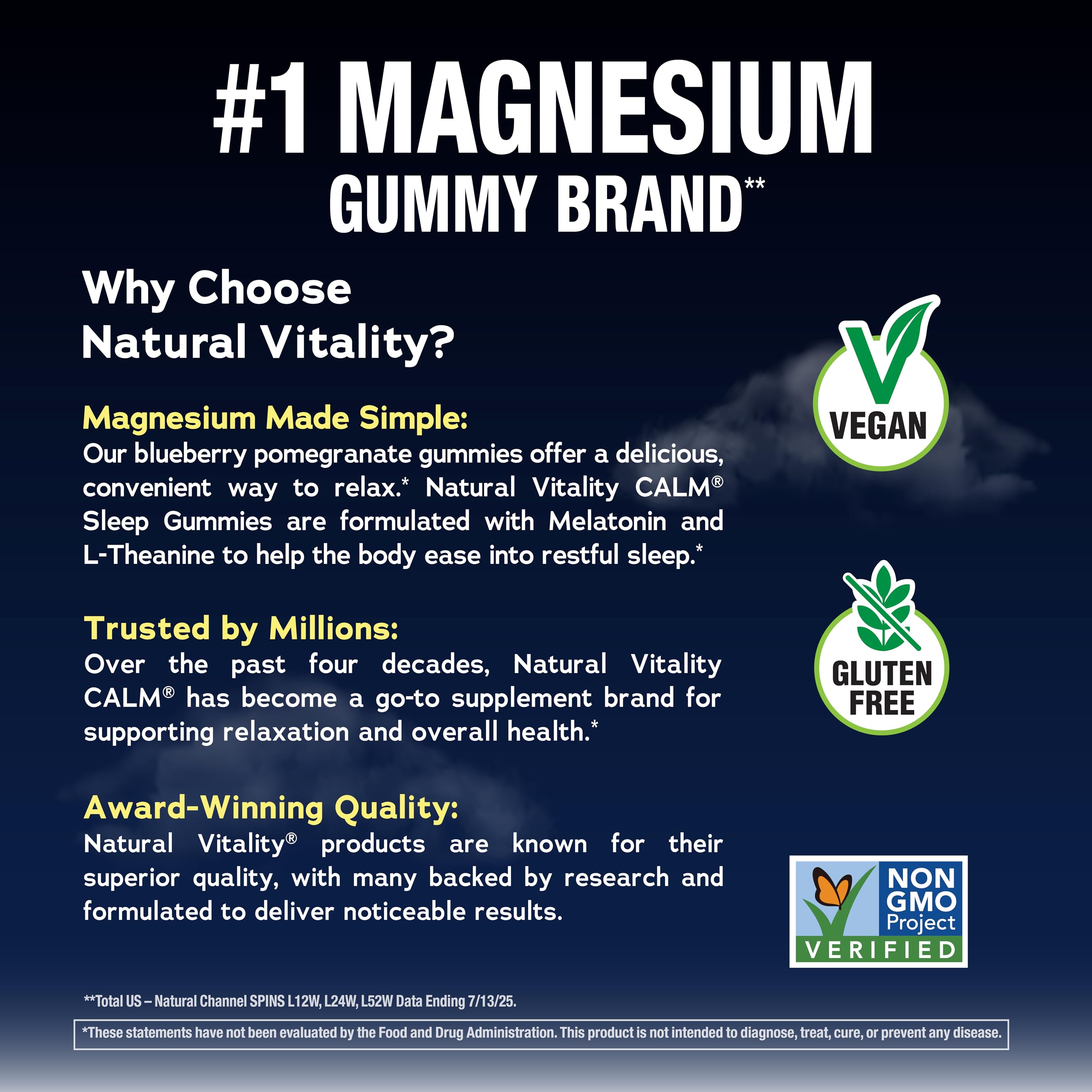 Flacon Natural Vitality SLEEP Gummies au goût myrtille-grenade sur étagère.