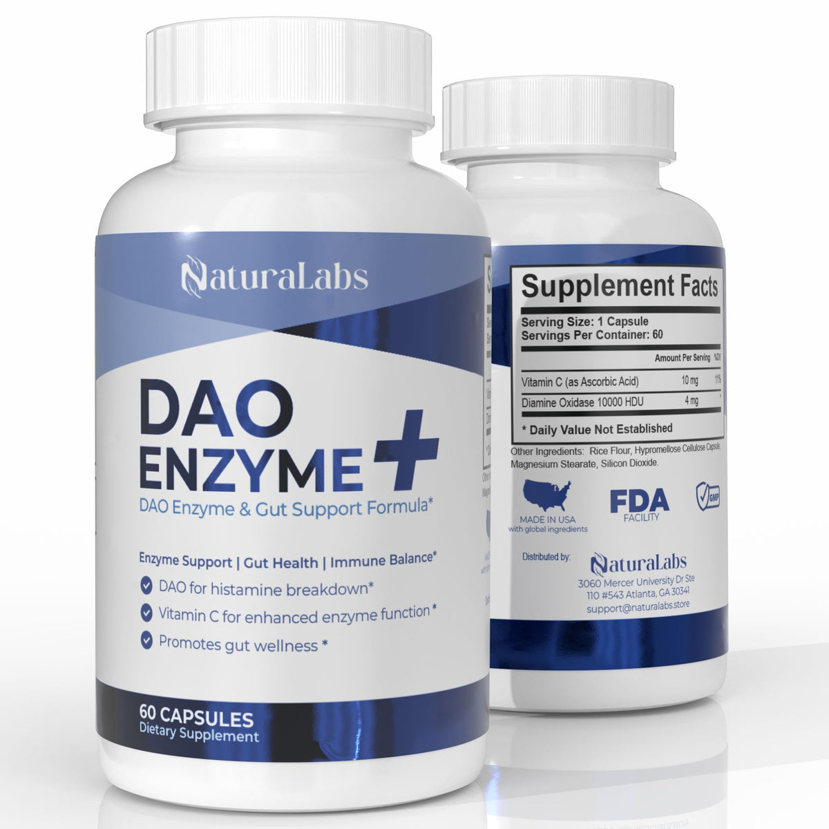 Naturalabs DAO flacon face, soutien digestif potentiel lors des repas.