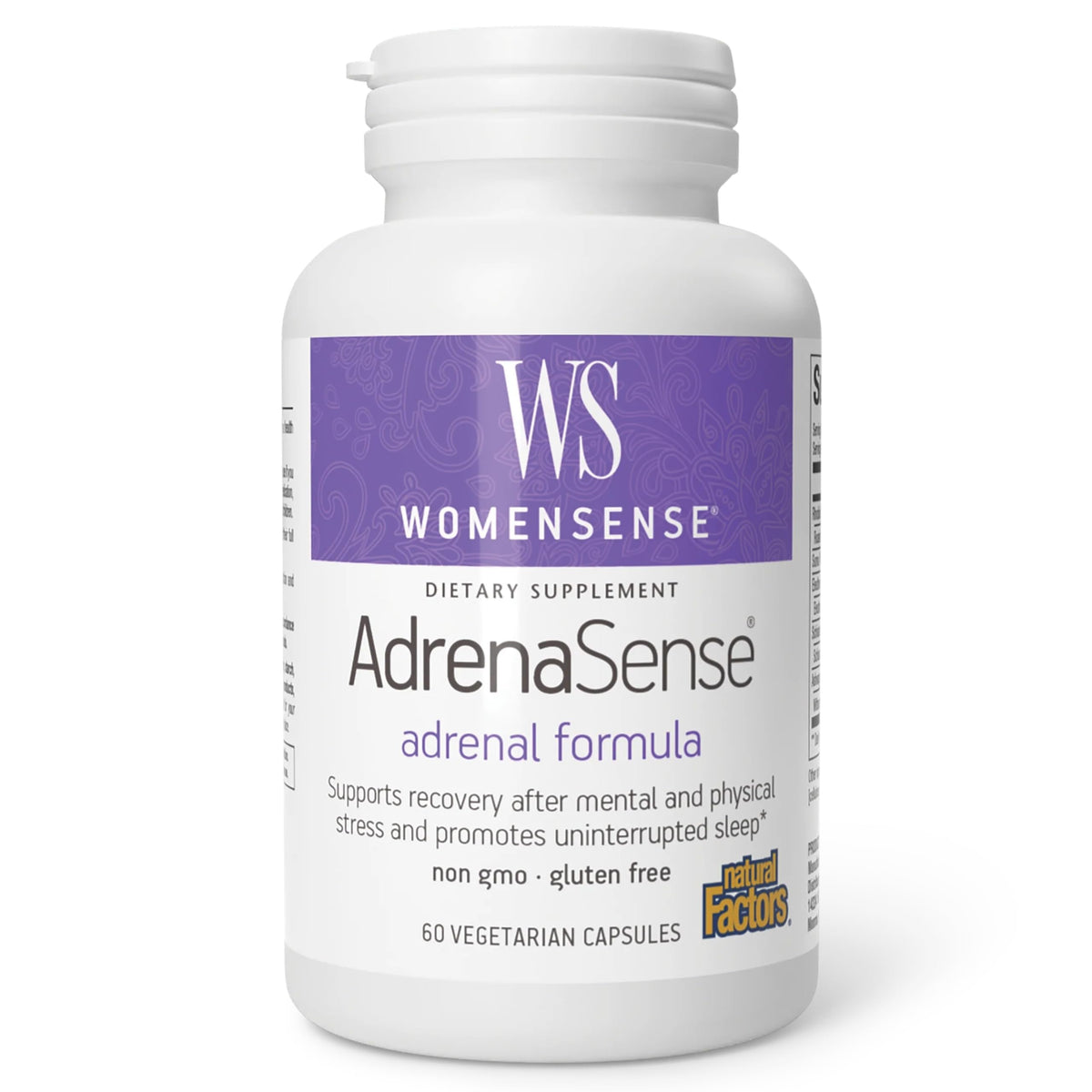 AdrenaSense de Natural Factors – bouteille recto, présentation claire du produit et du nom de la marque