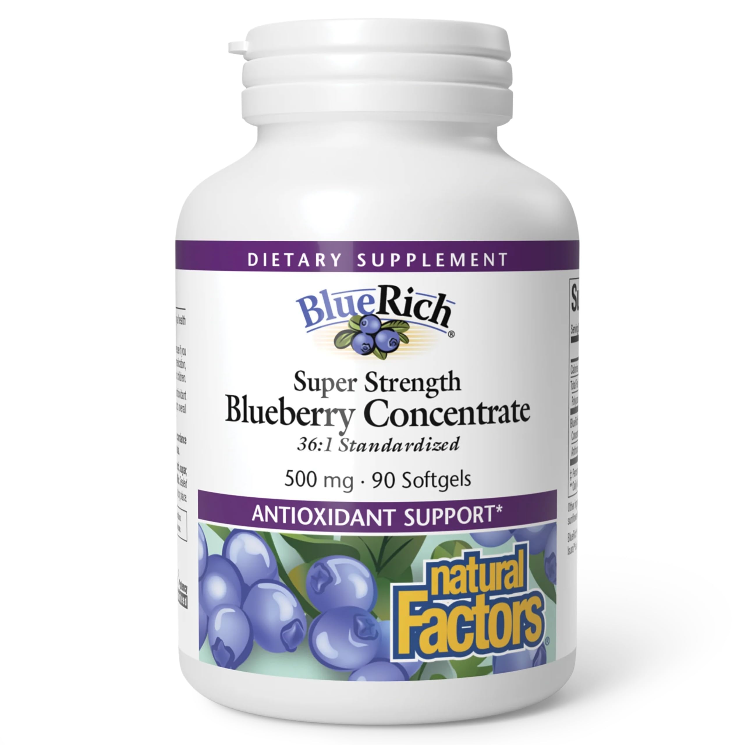 BlueRich de Natural Factors, bouteille de capsules molles, soutien antioxydant quotidien.