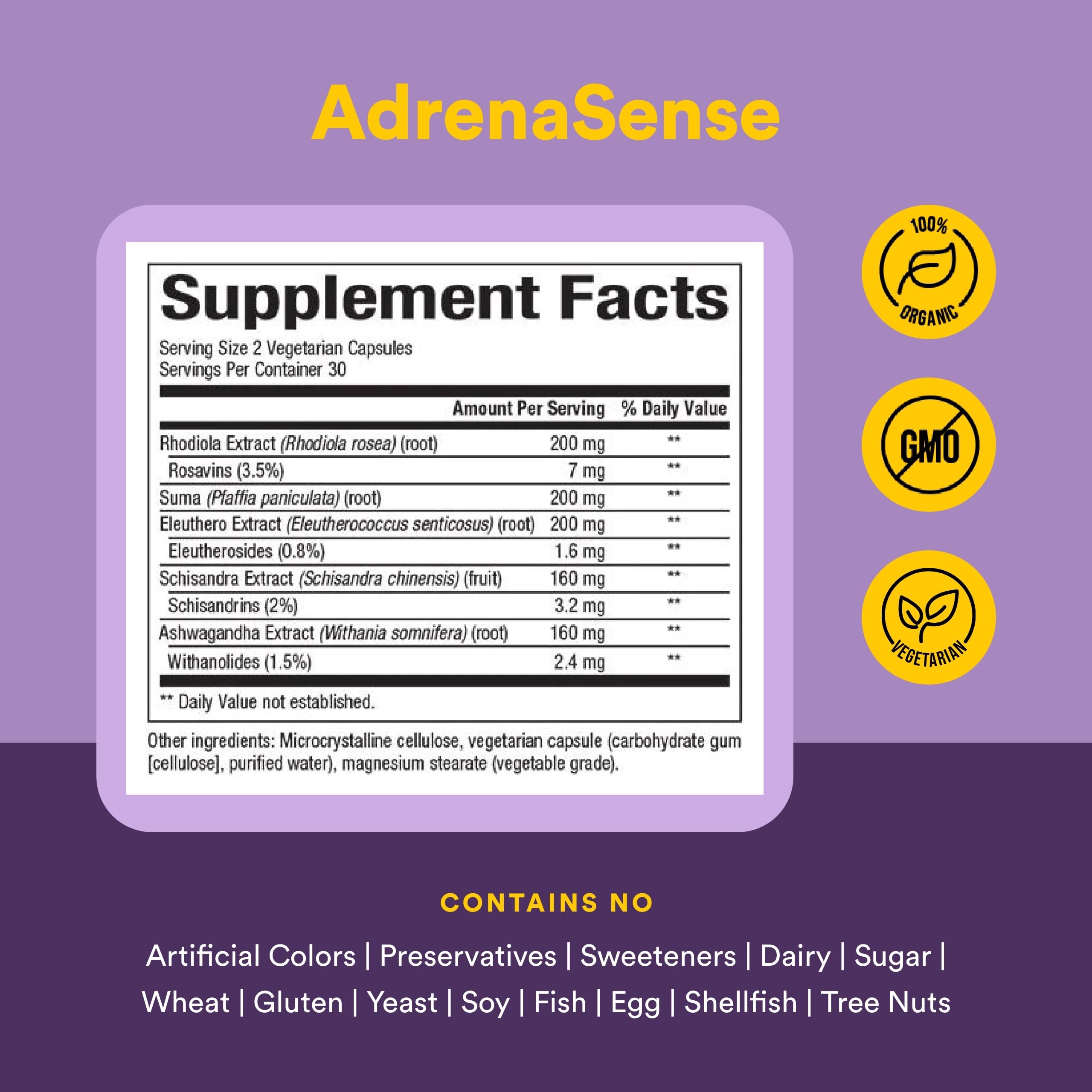 Étiquette AdrenaSense – vegan et sans OGM.