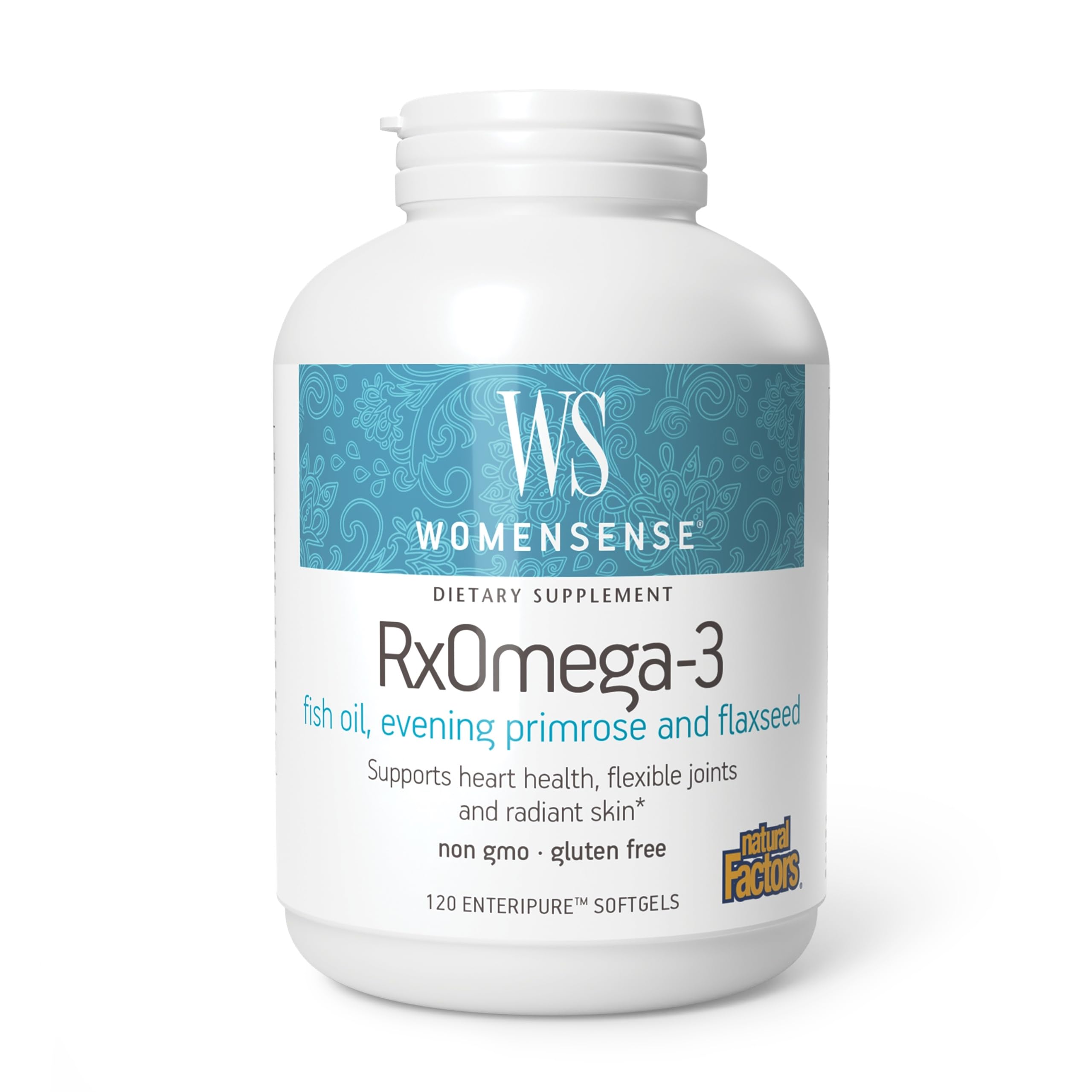 Natural Factors WomenSense RxOmega-3: bouteille softgels, soutien potentiel au cœur et aux articulations.
