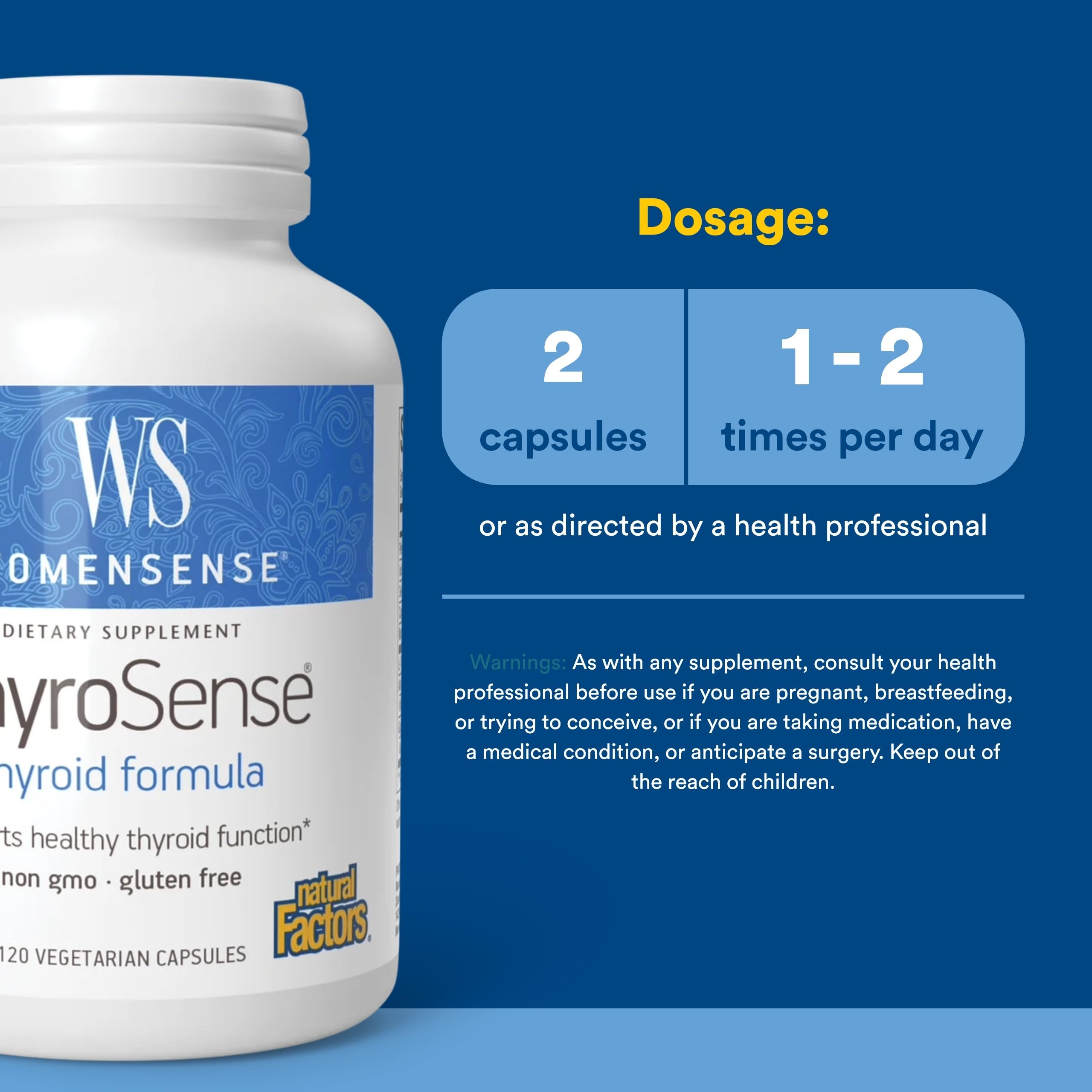 Natural Factors WomenSense ThyroSense: étiquette lisible, facilite le dosage quotidien et l'organisation.