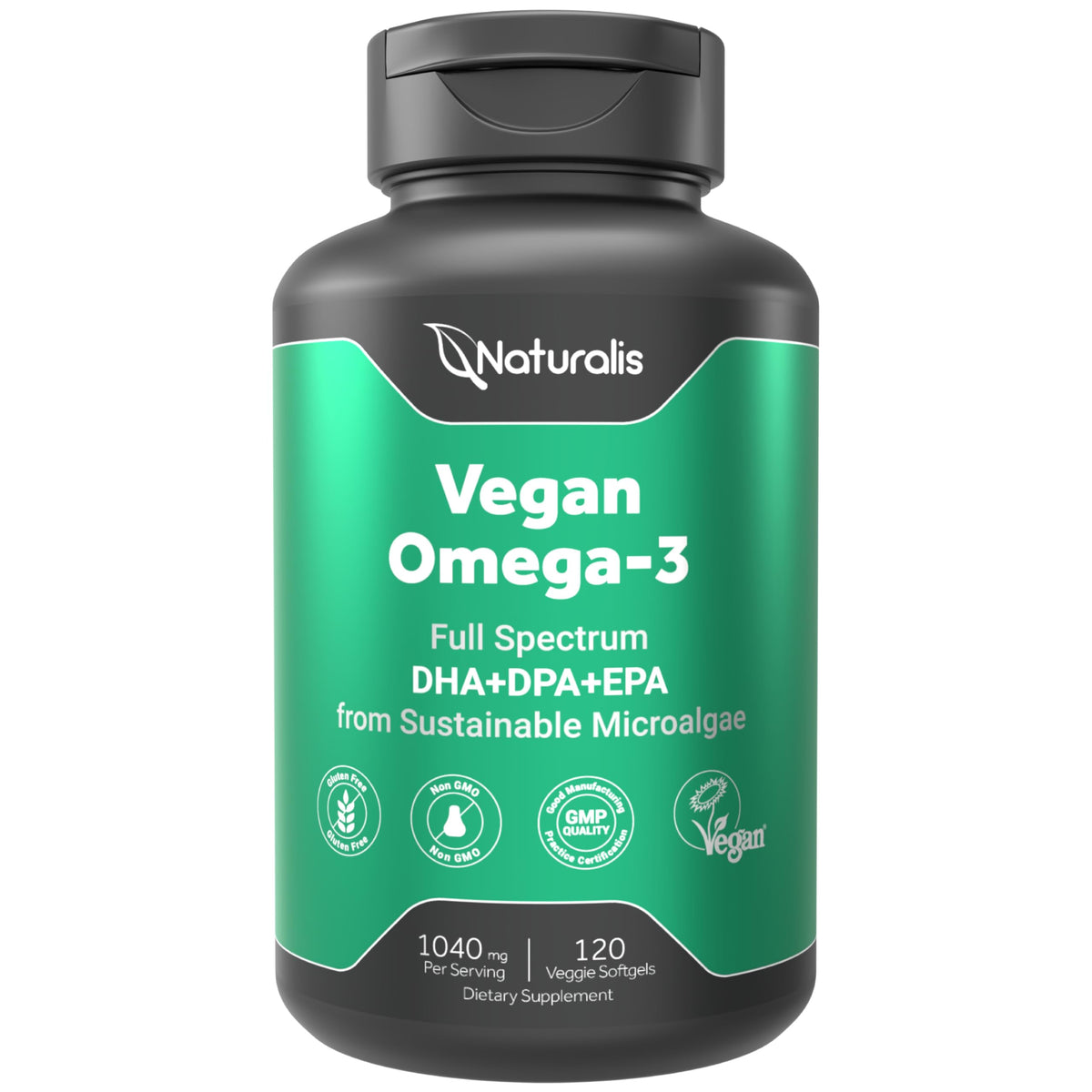 Naturalis Omega3 algue – bouteille frontale, source vegan d'Omega-3