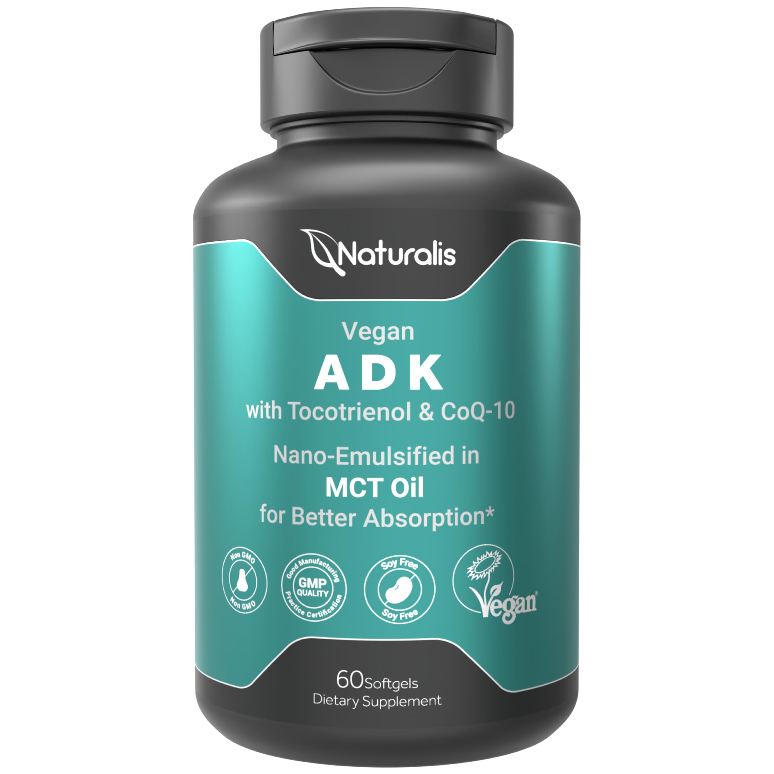 Naturalis Vegan ADK CoQ-10 – bouteille prête favorisant l’absorption des vitamines liposolubles