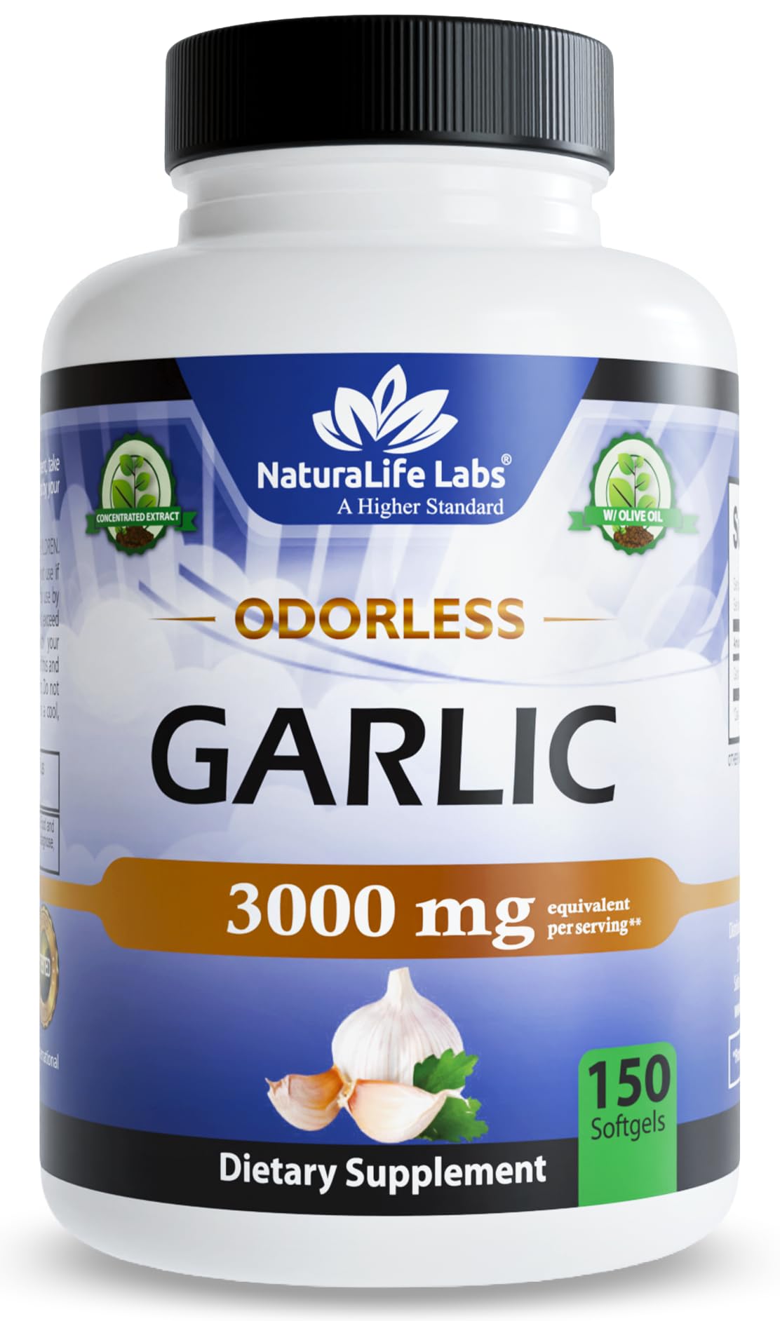 NaturaLife Labs Ail sans odeur, bouteille de 150 gélules et équivalent 3 000 mg par portion.