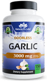 NaturaLife Labs Ail sans odeur, bouteille de 150 gélules et équivalent 3 000 mg par portion.