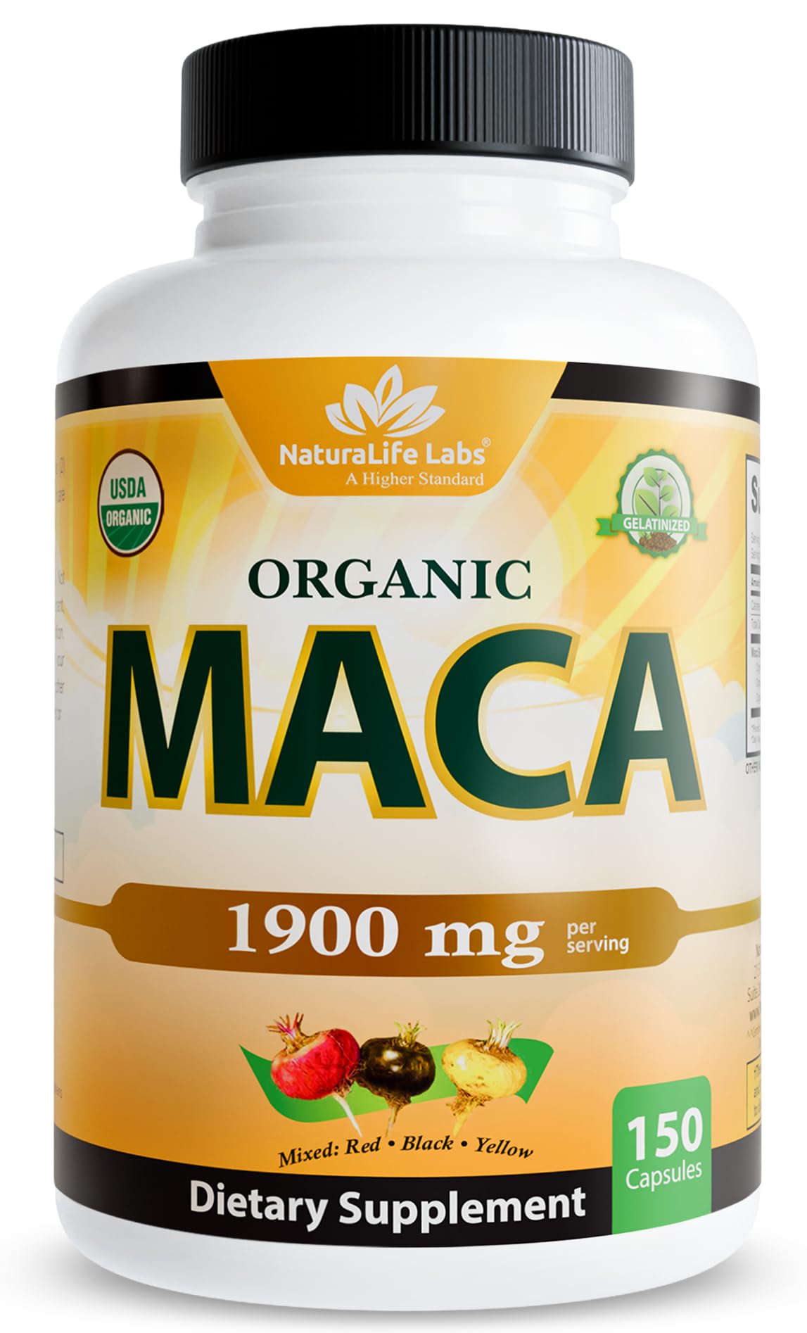 NaturaLife Labs Maca noire-rouge-jaune en capsules pour énergie potentielle et équilibre.
