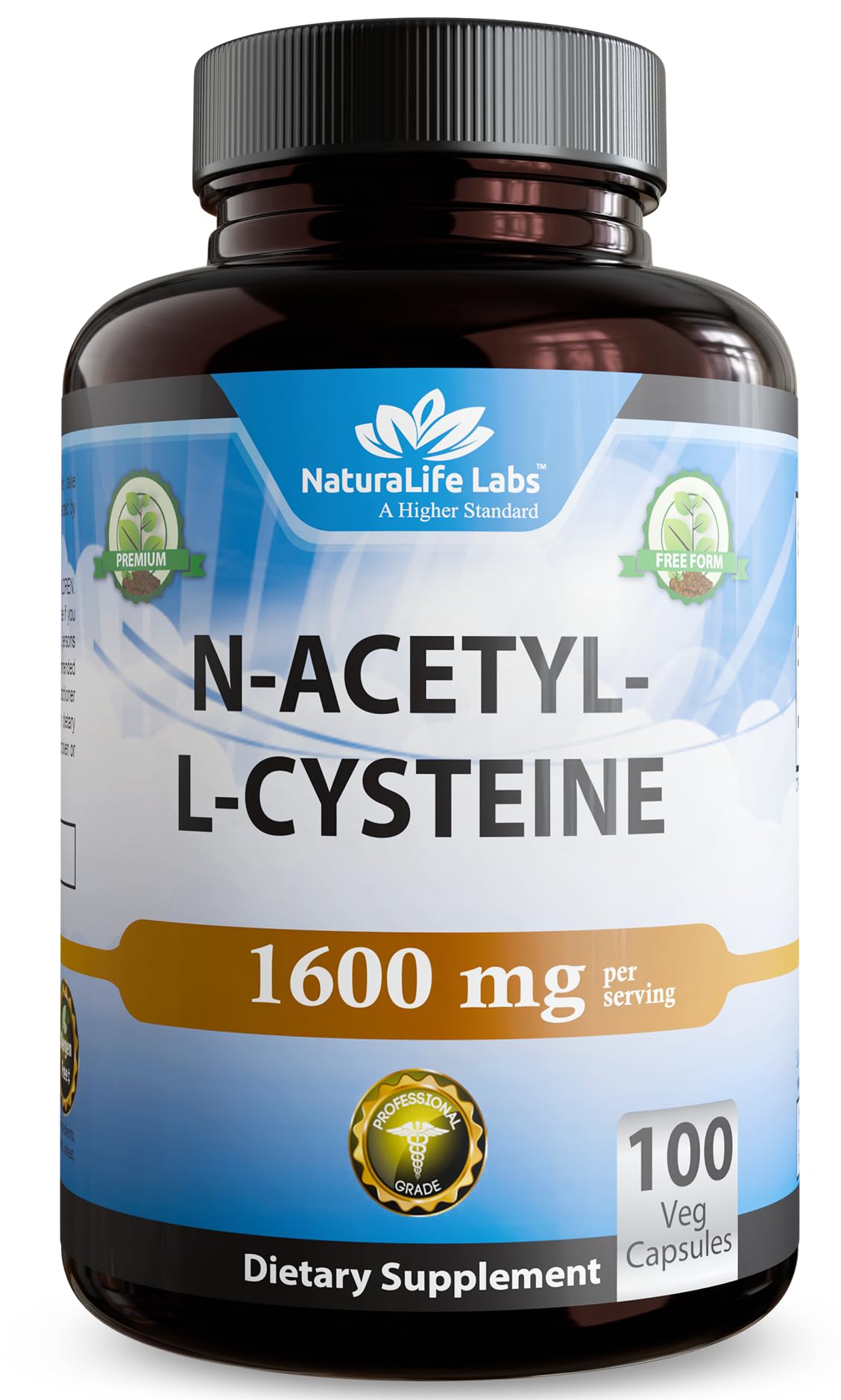 Bouteille NaturaLife Labs NAC 1600 mg prête à l'emploi pour votre routine.