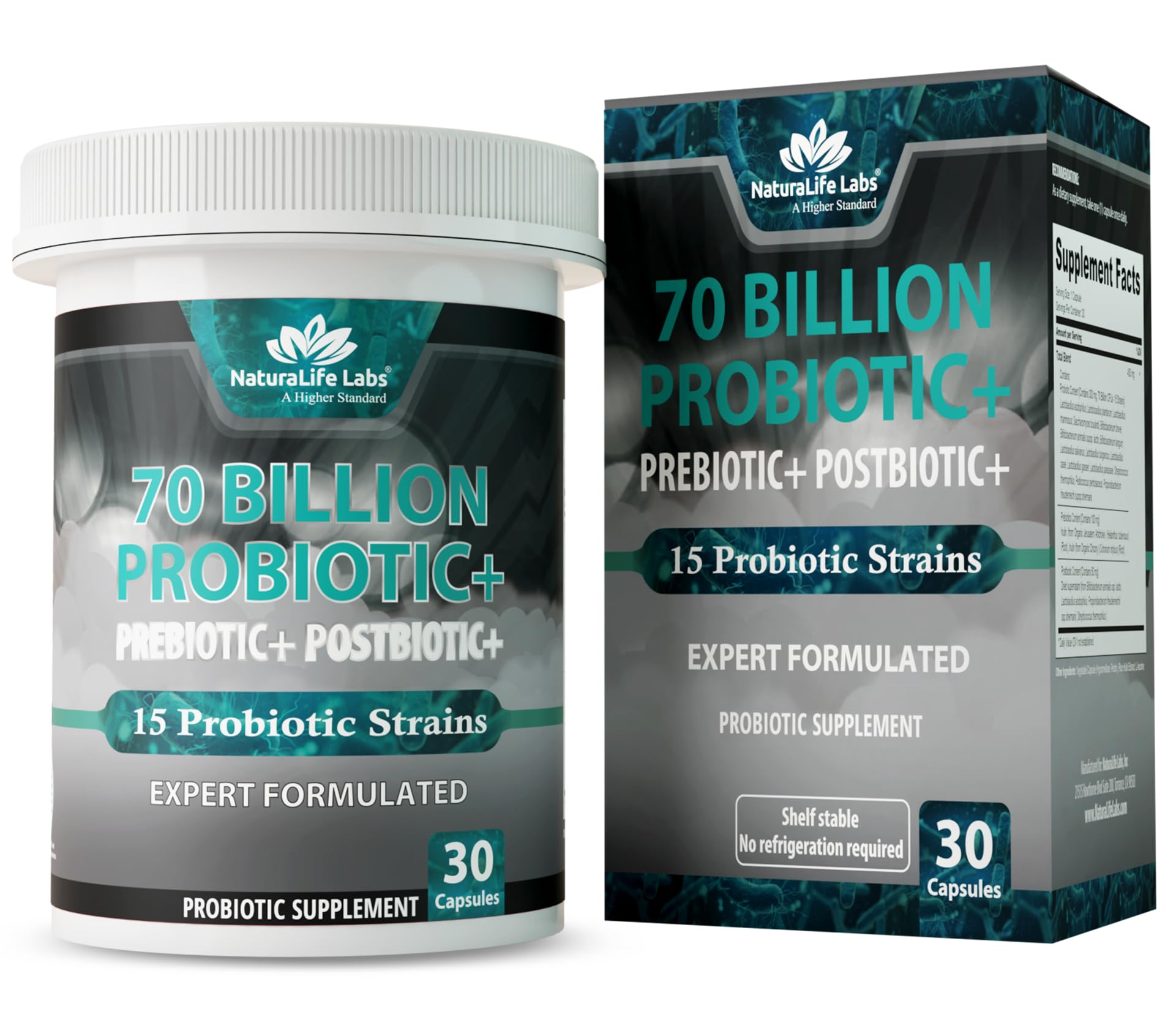NaturaLife Labs Probiotiques 70 Milliards – bouteille avec étiquette lisible et promesse de taux CFU