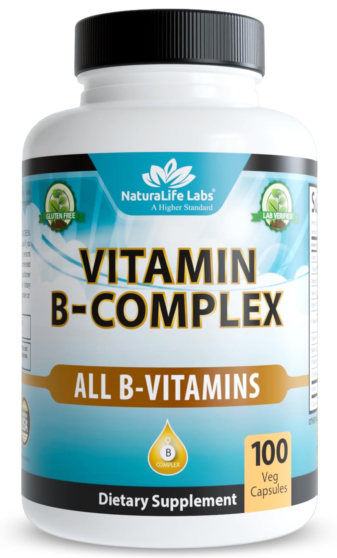NaturaLife Labs Vitamine B-Complex – bouteille, routine quotidienne potentielle.