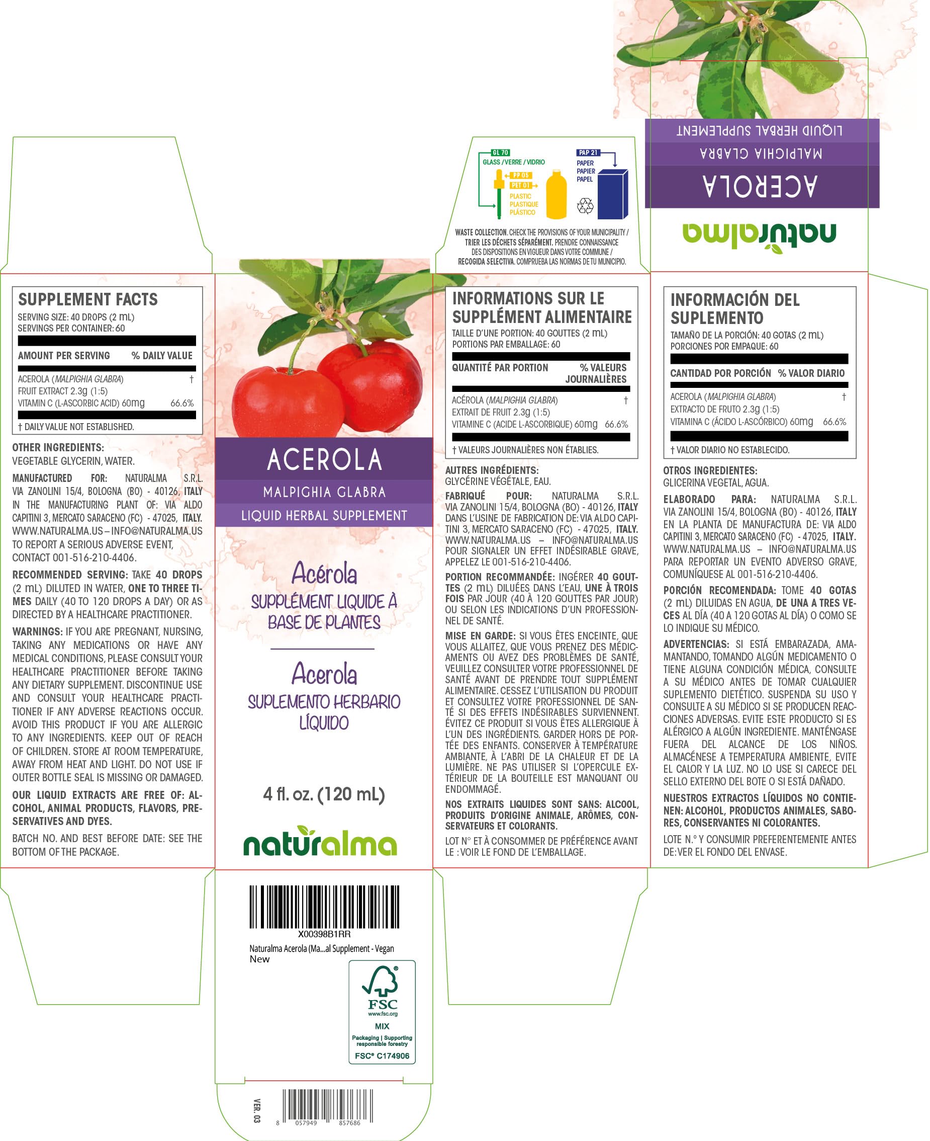 Bouteille Naturalma tincture Acerola, concentré naturel sans alcool pour un complément quotidien.