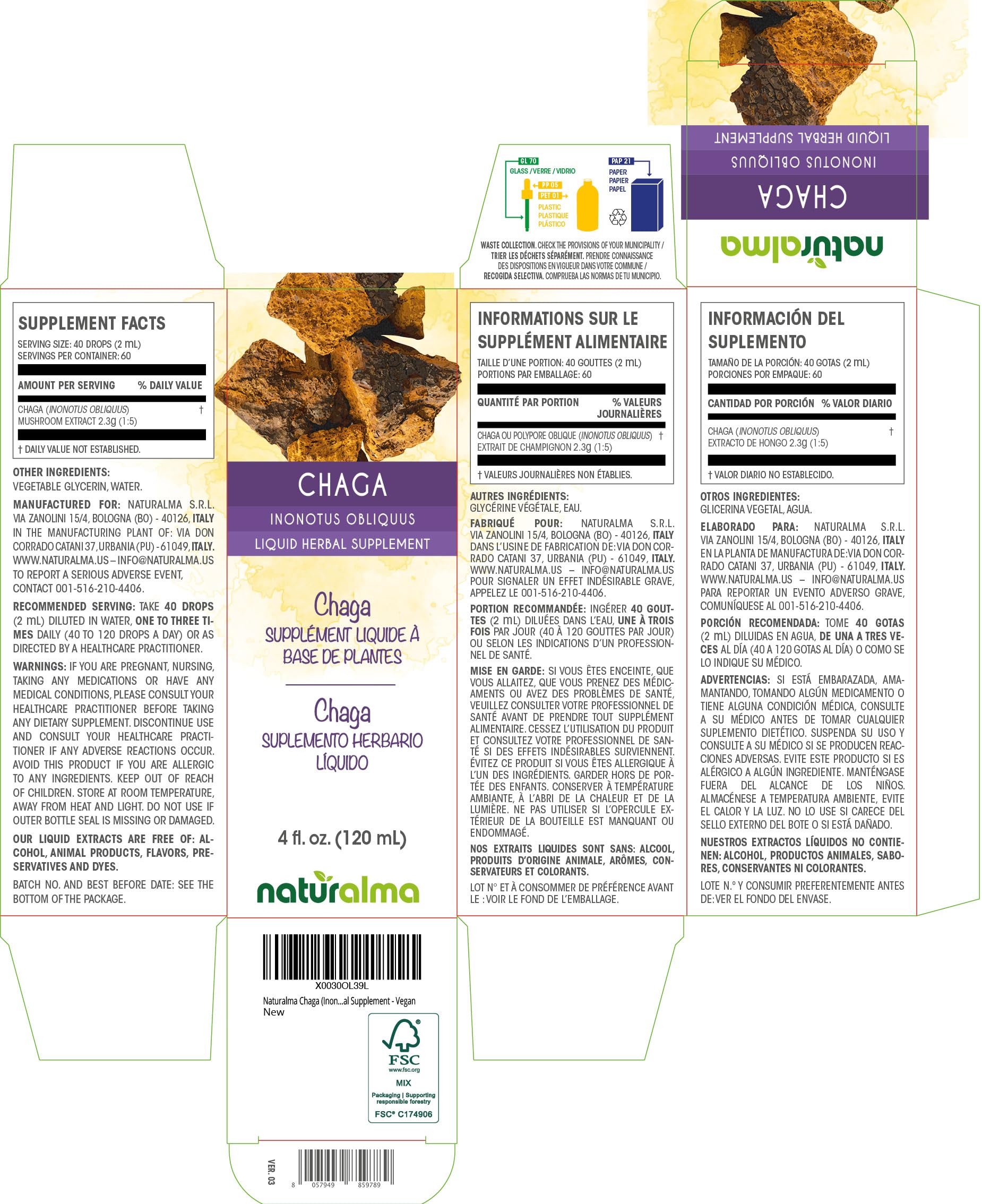 Gouttes Naturalma Chaga sur le flacon, facilité d'utilisation sans alcool.