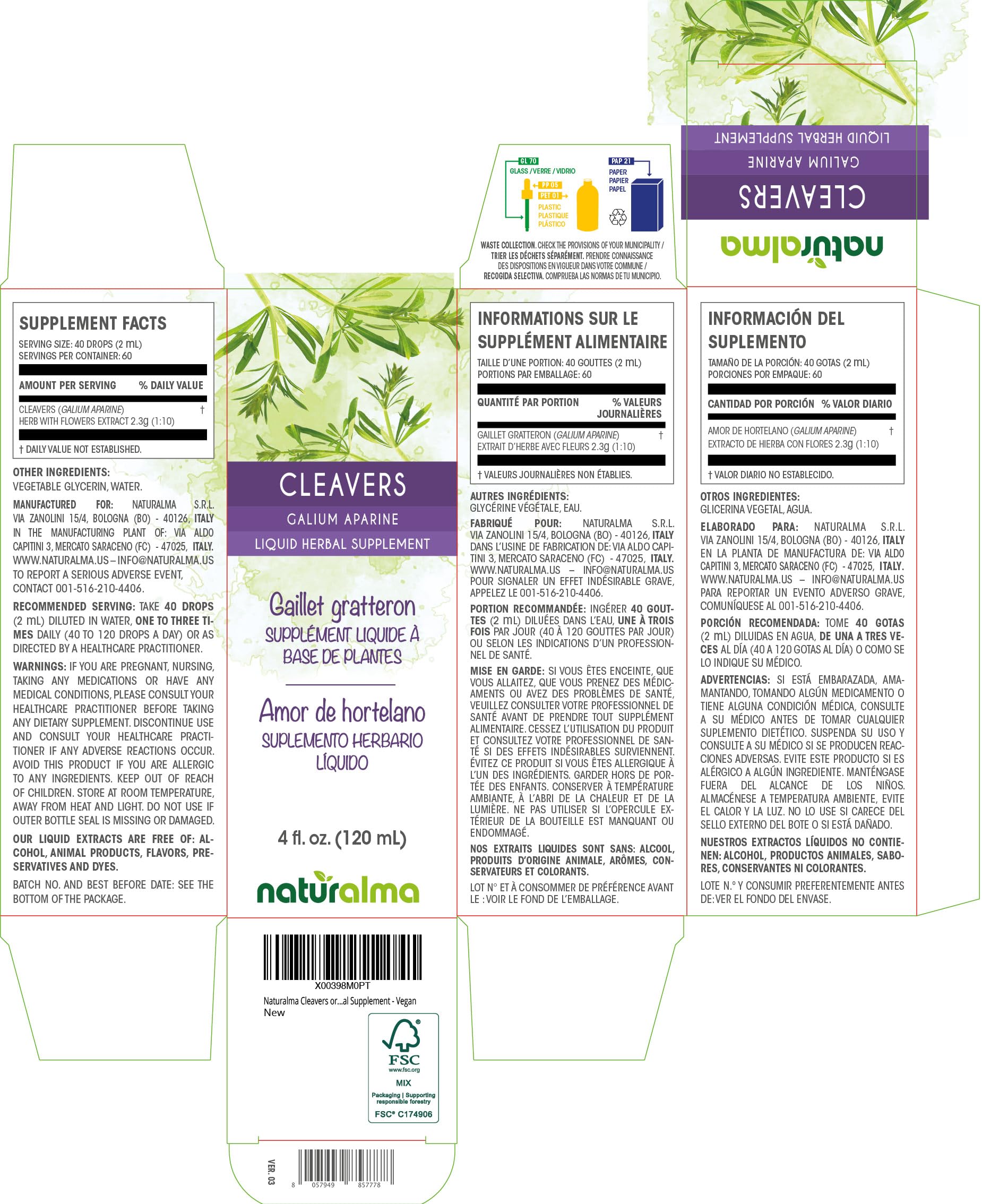 Naturalma Cleavers: dosage de 40 gouttes (2 ml) pratique.