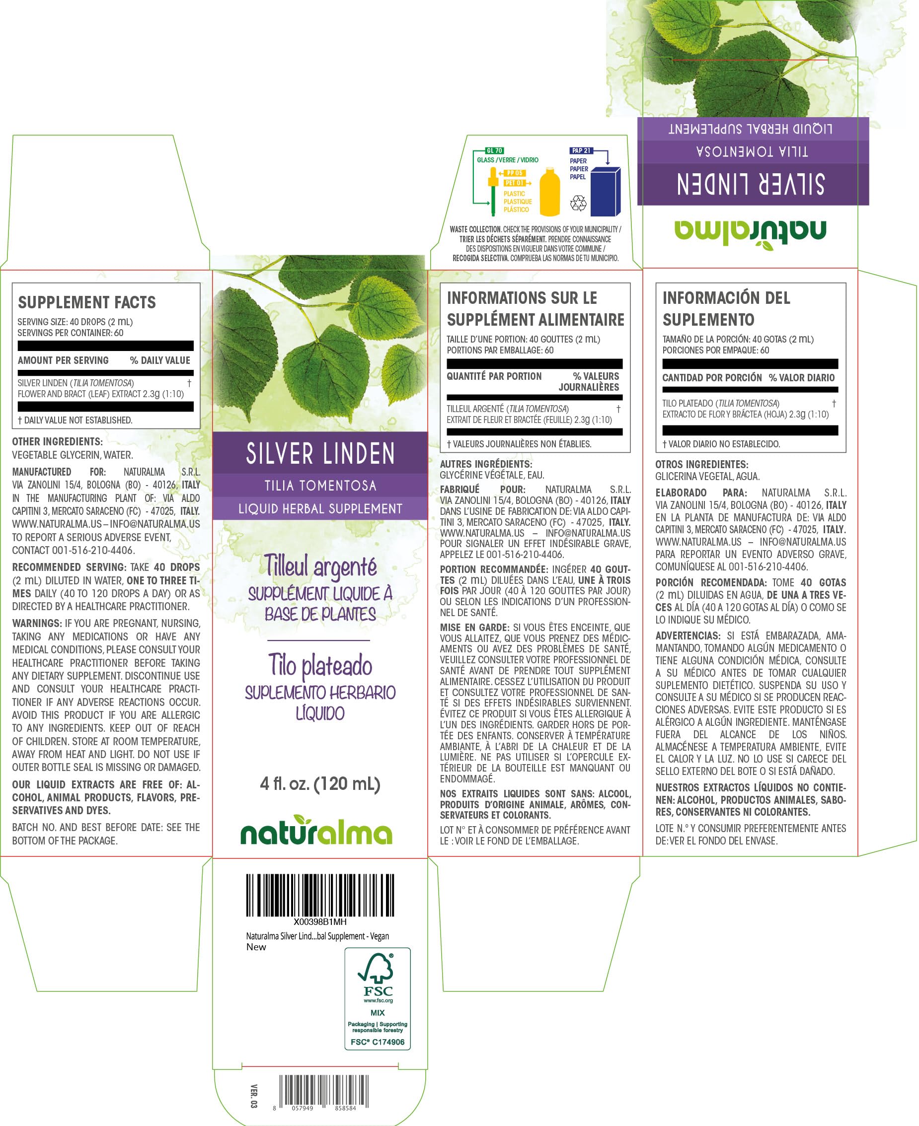 Naturalma gouttes extrait tilleul argenté 1:10, dosage précis et adaptable.
