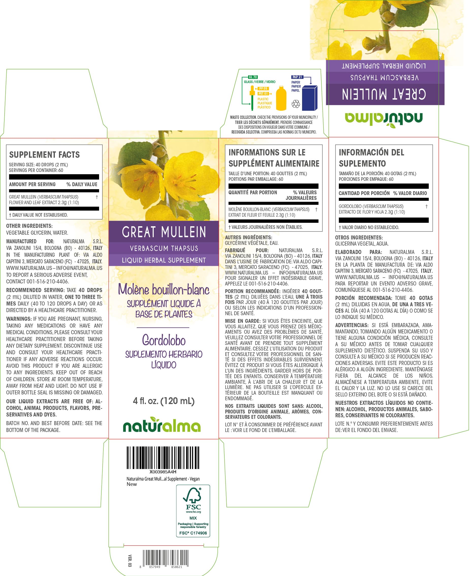 Naturalma fleurs et feuilles molene: ingredients vegetaux de qualite pour usage quotidien