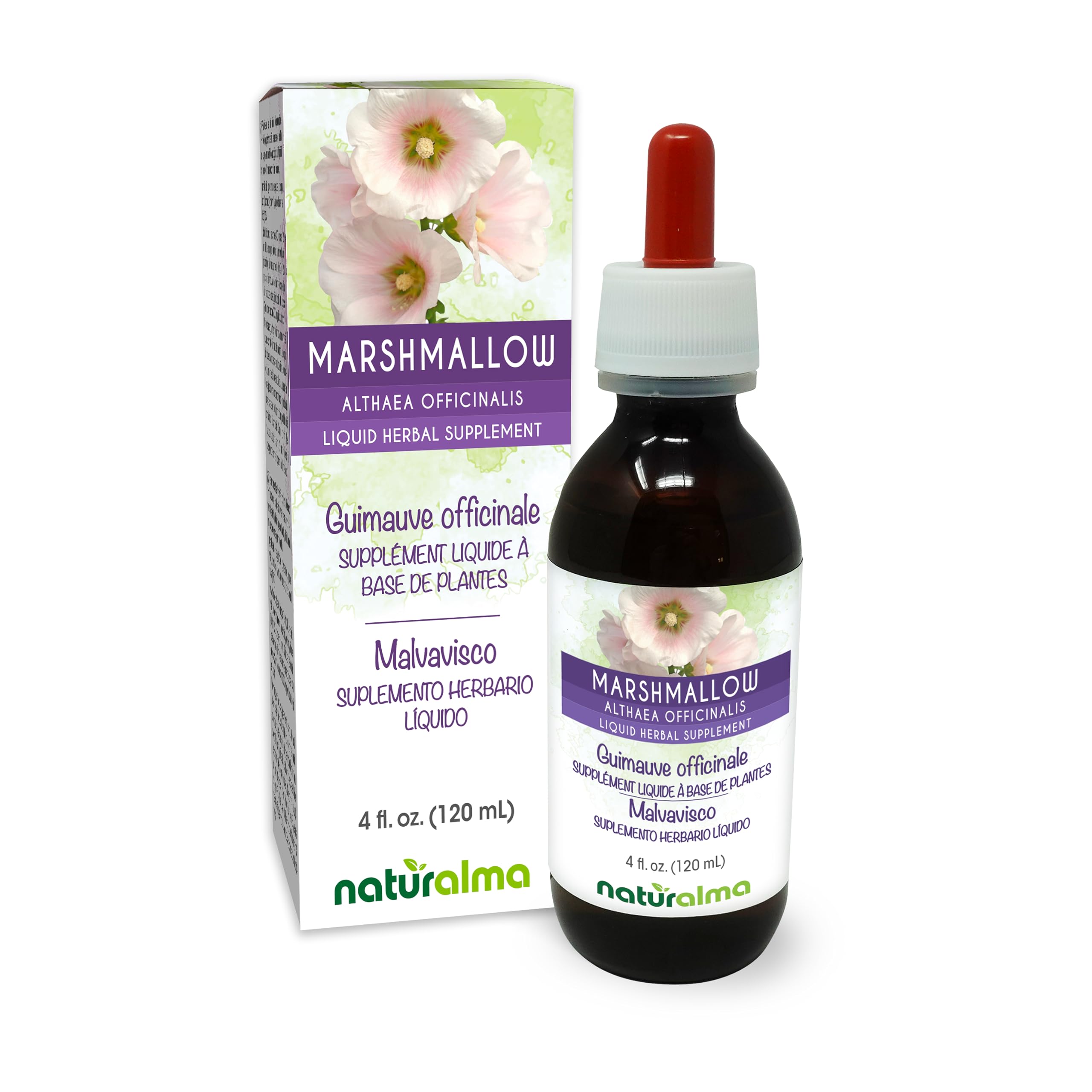 Naturalma Marshmallow: bouteille-gouttes montrant l’extrait naturel prêt à l’emploi.