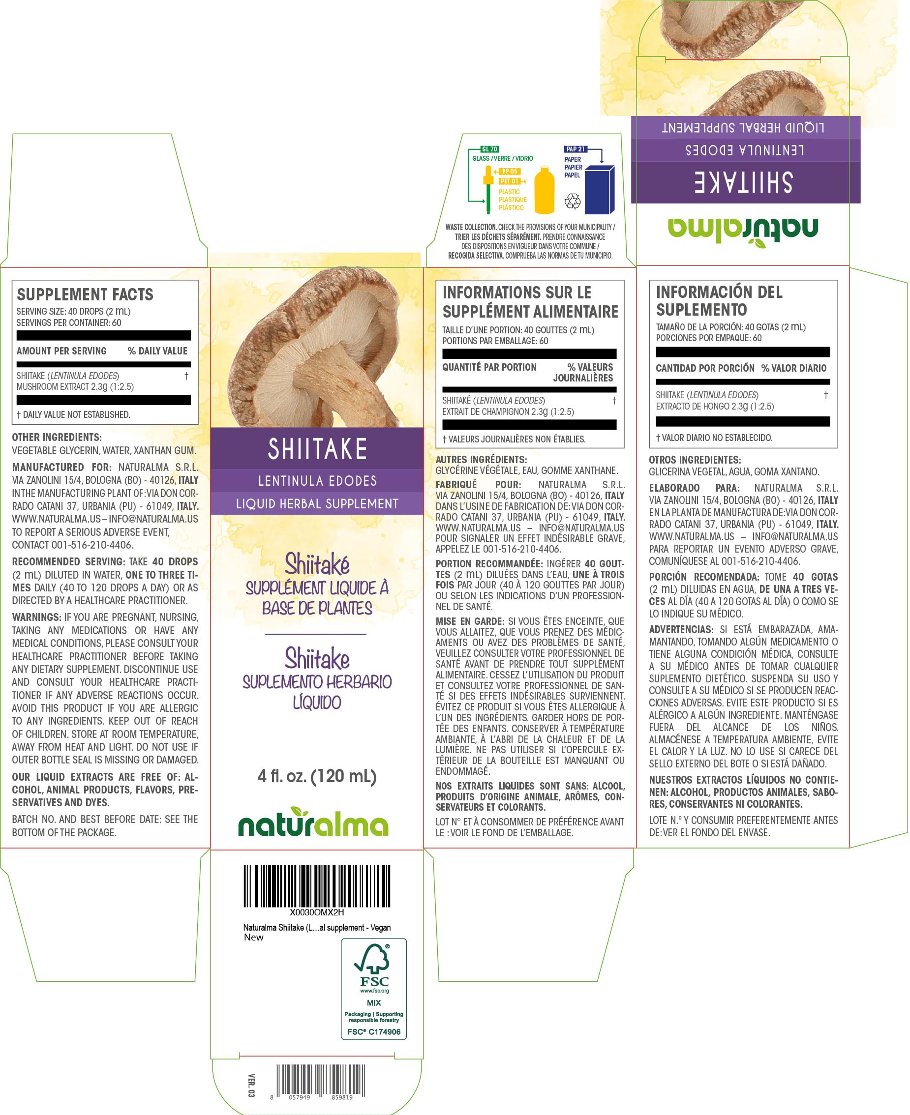 Naturalma Shiitake: flacon en verre prêt à l'emploi