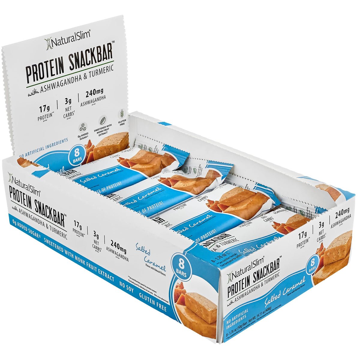 NaturalSlim barres protéinées ashgwandha et curcuma, texture dense et appétissante.