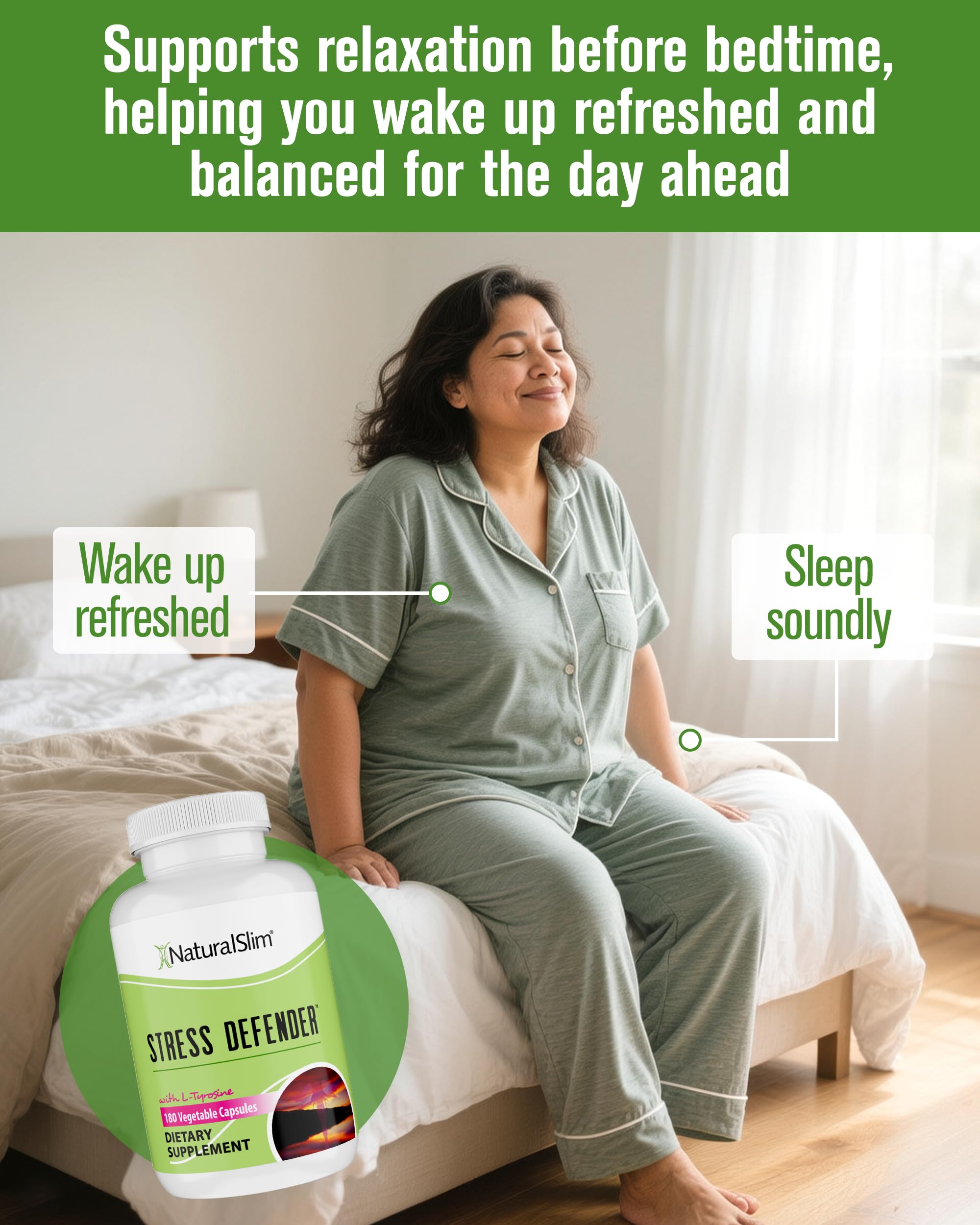 Étiquette NaturalSlim Stress Defender montrant acide pantothénique et L-Tyrosine.