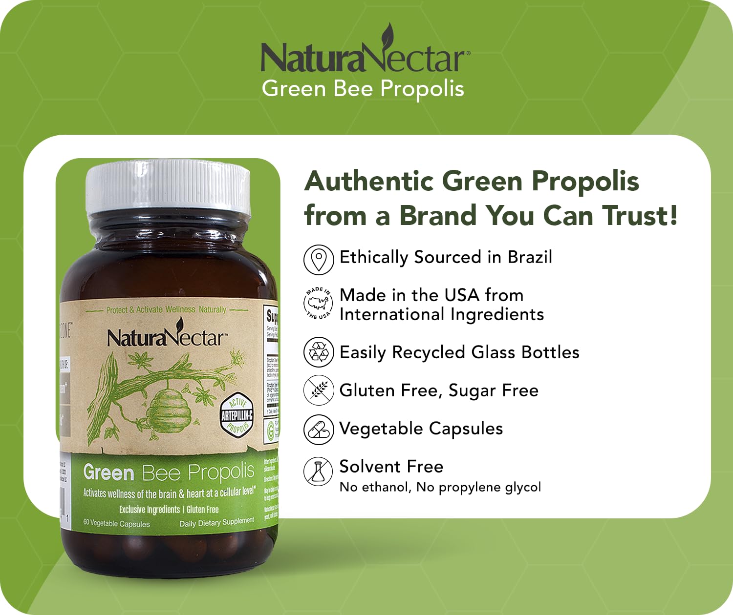 NaturaNectar Propolis verte capsules — produit éthique et durable soutenant les abeilles et l'environnement.