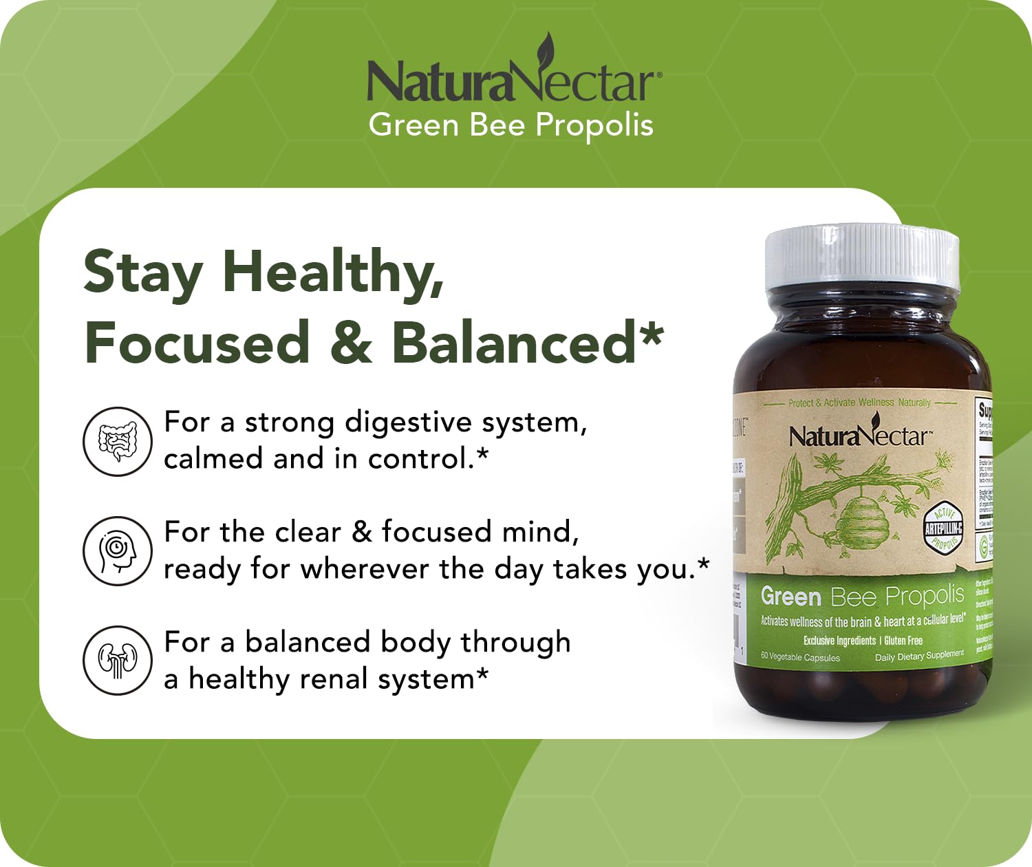 NaturaNectar Propolis verte capsules — tableau des ingrédients mettant en avant ARTEPILLIN-C et flavonoïdes.