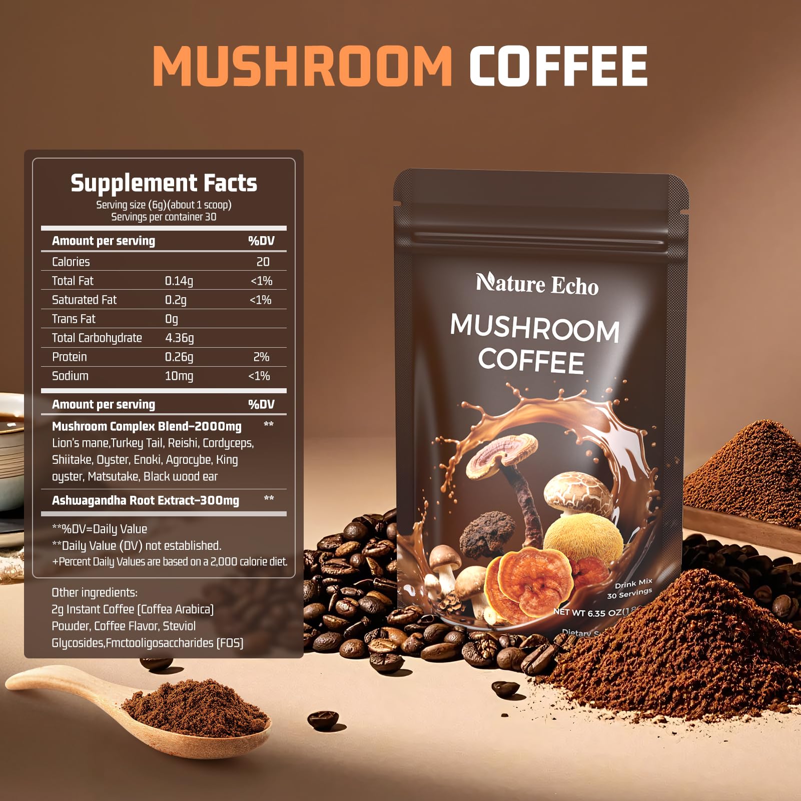 Nature Echo Café aux Champignons 11 en 1, gobelet fumant révélant les arômes riches
