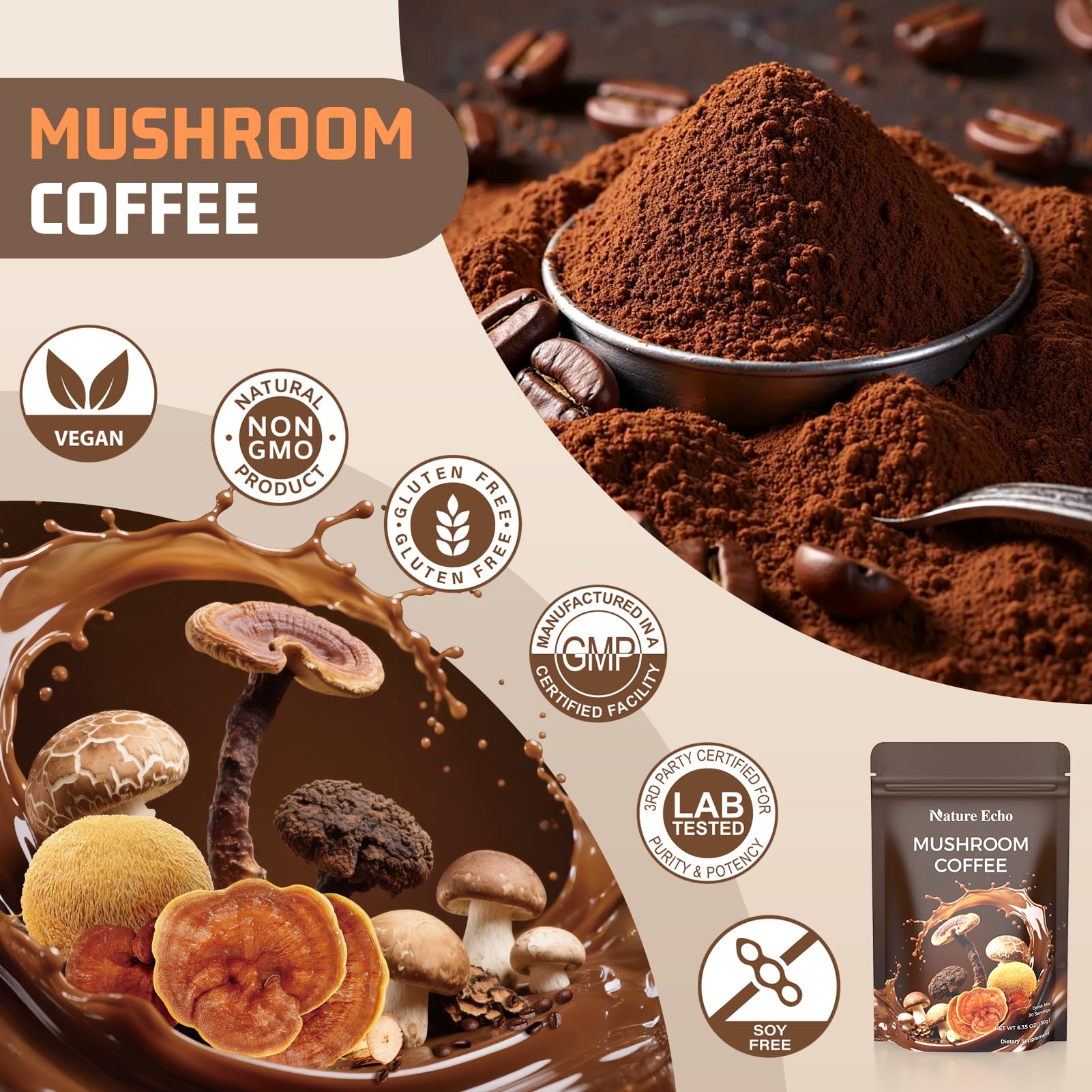 Nature Echo Café champignons 11 en 1, emballage refermable sur plan de travail