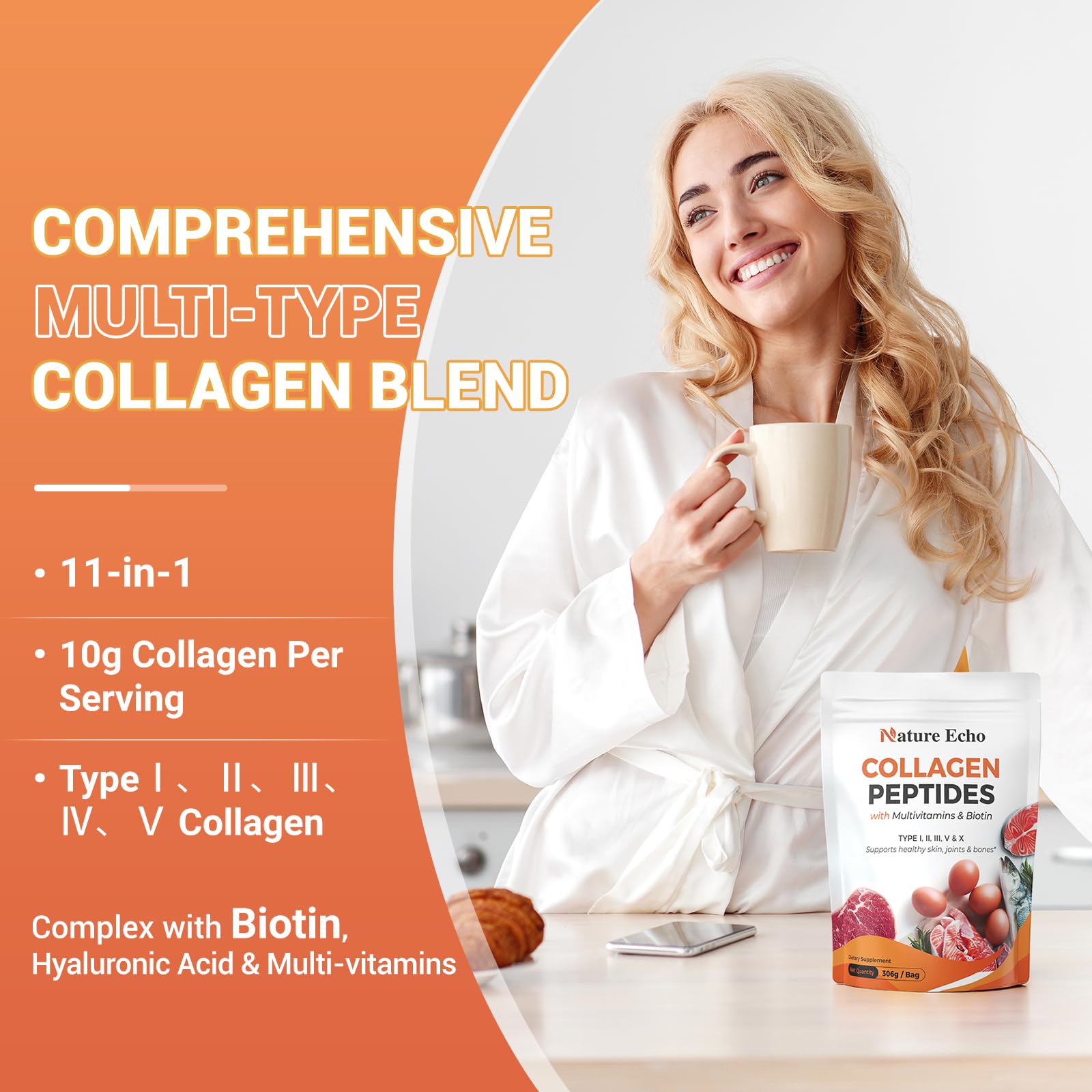 Nature Echo Complexe vitamine et collagène, soutien potentiel pour peau et cheveux.