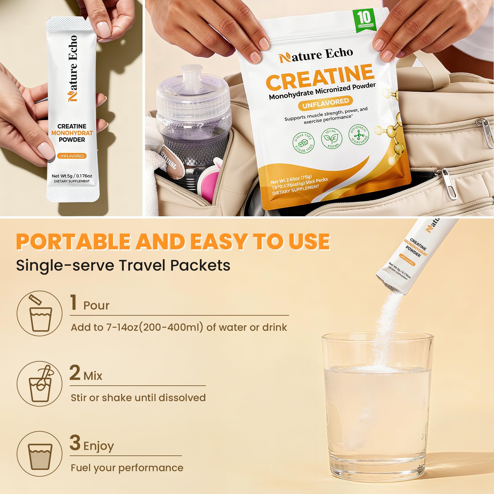 Nature Echo Creatine Mono, mélange rapide dans shake grâce au goût neutre.