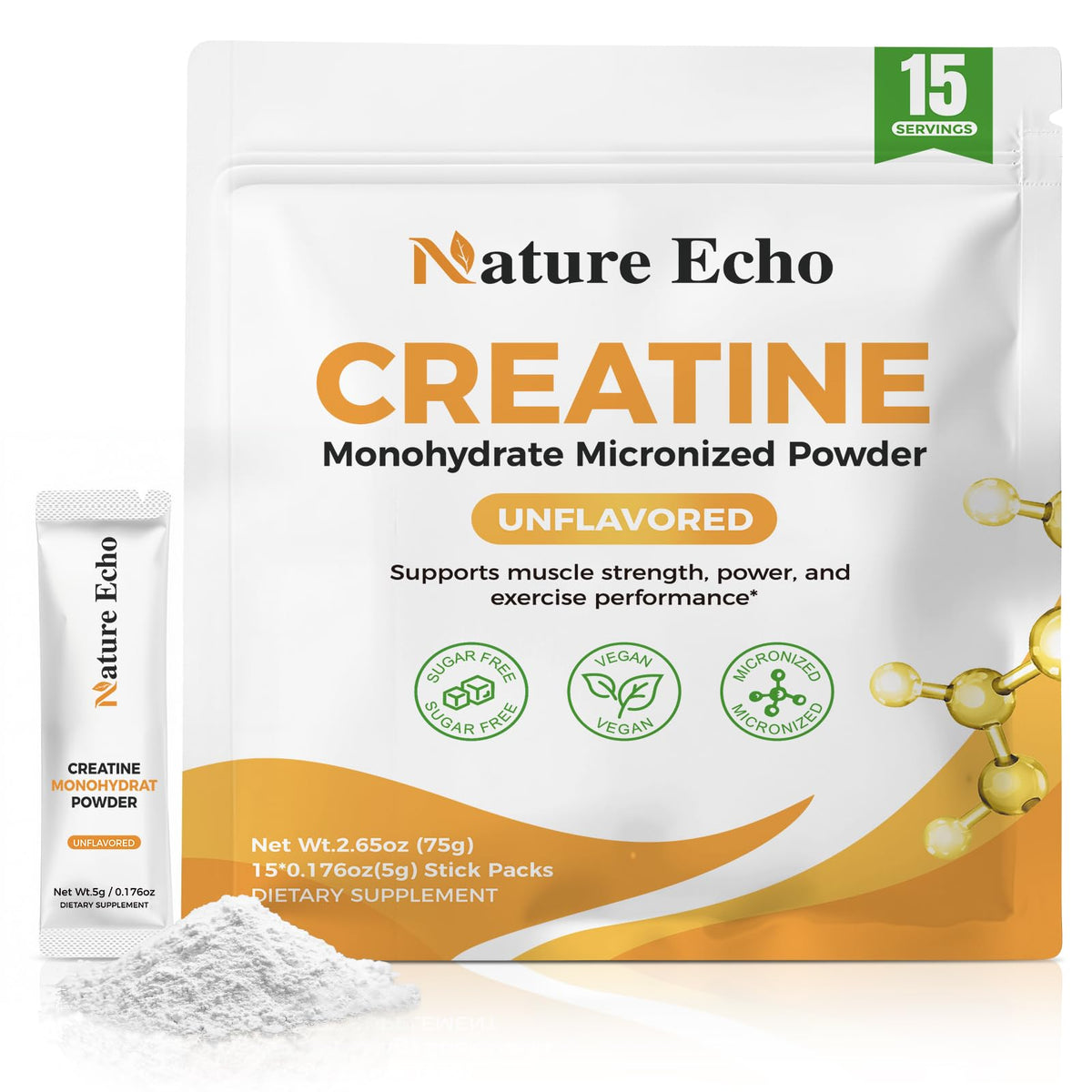 Nature Echo Creatine Mono, sachet 5 g: dose portable idéale pour l'entraînement.