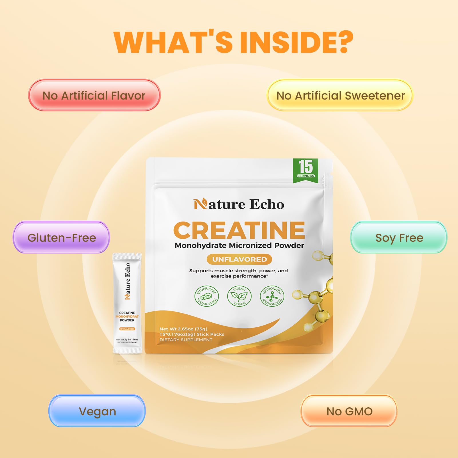 Nature Echo Creatine Mono, sans gluten adapté à différents régimes.