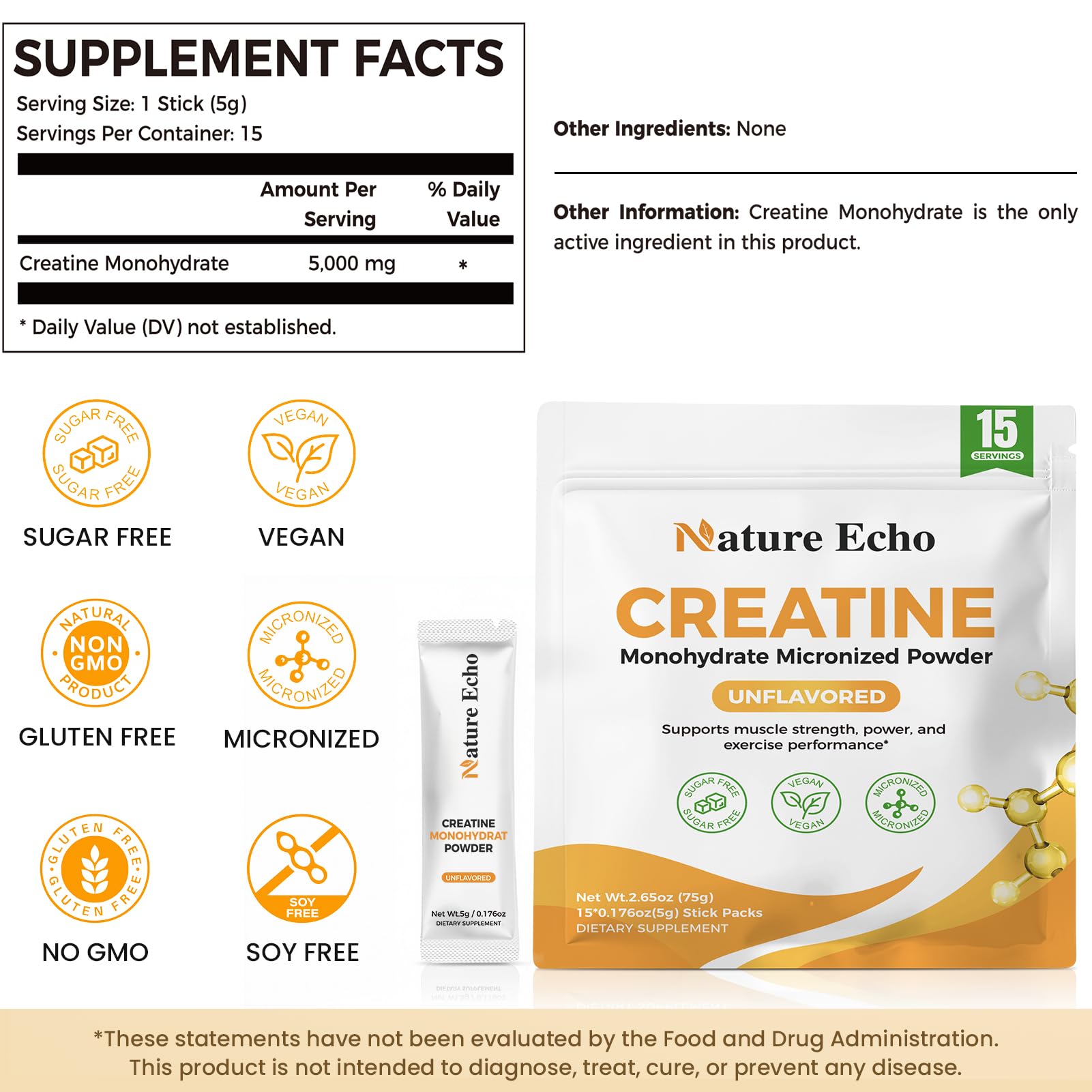 Nature Echo Creatine Mono, utilisation en voyage grâce à des sachets individuels.