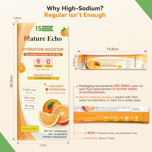 Nature Echo goutte poudre orange près d'un verre pour réhydratation.