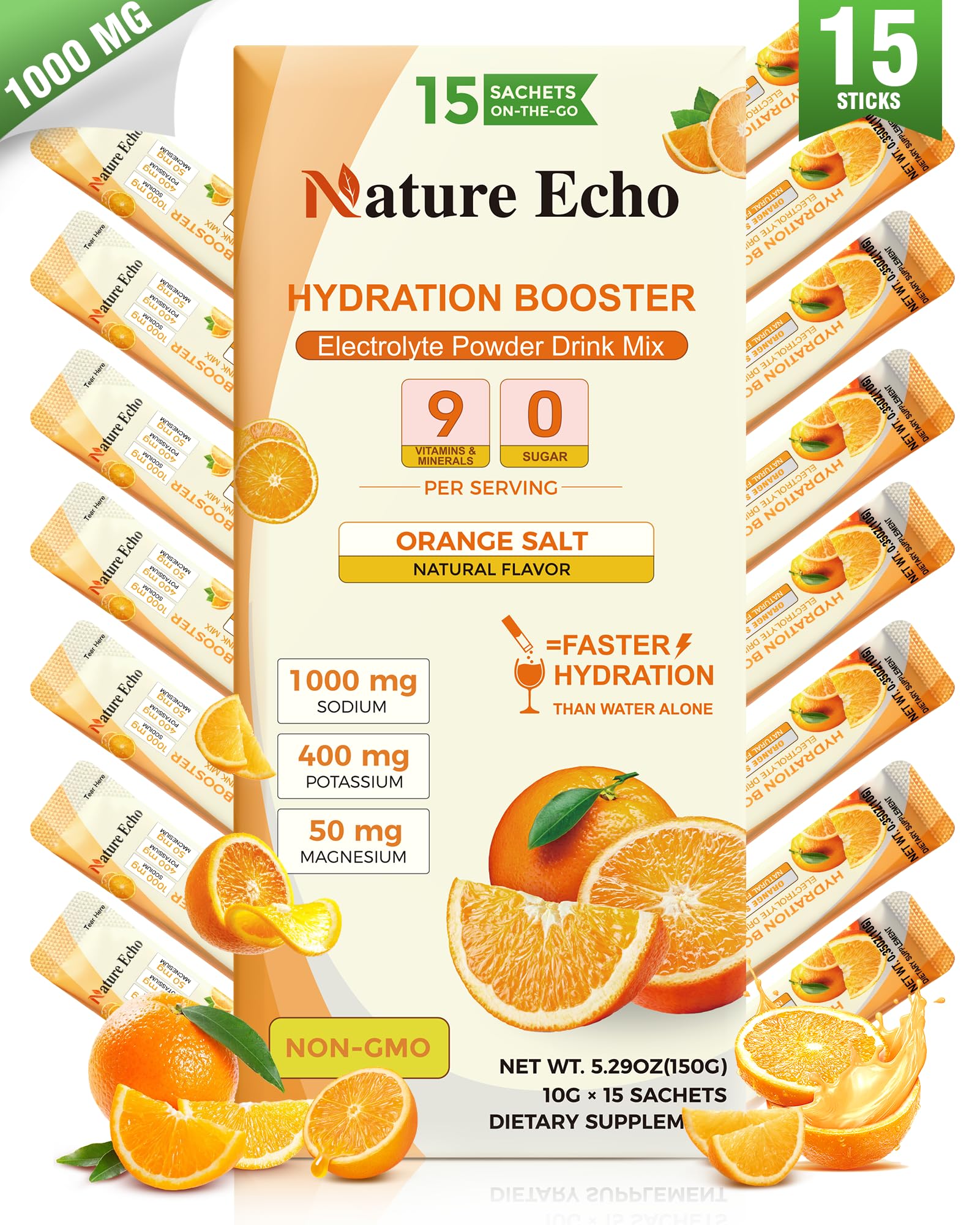 Nature Echo sachets électrolytes orange pour hydratation rapide en déplacement.