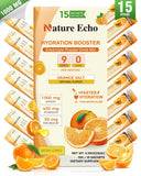 Nature Echo sachets électrolytes orange pour hydratation rapide en déplacement.