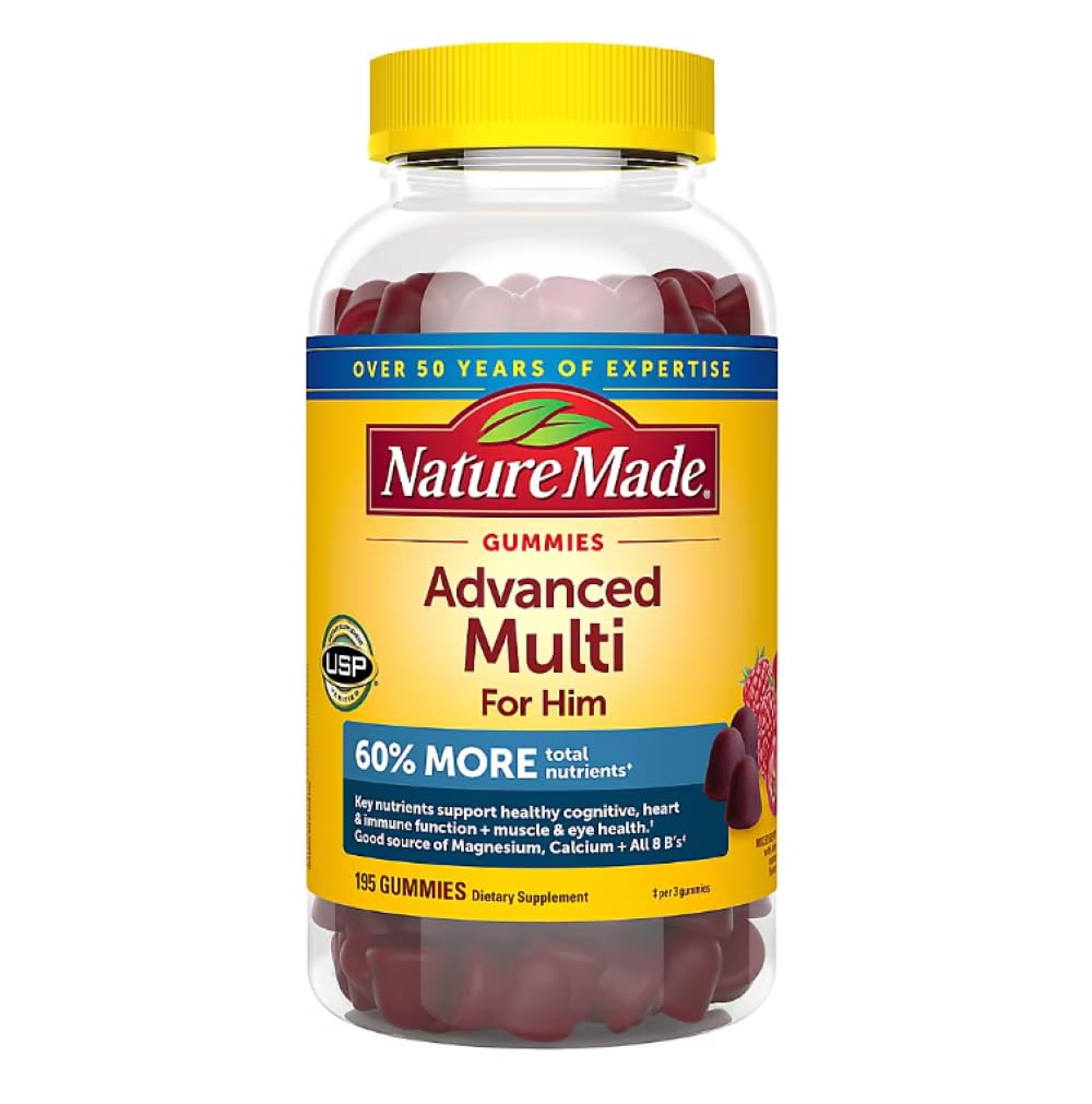 Nature Made Advanced Multi Gummies pour homme, flacon visible, soutien pratique au quotidien.