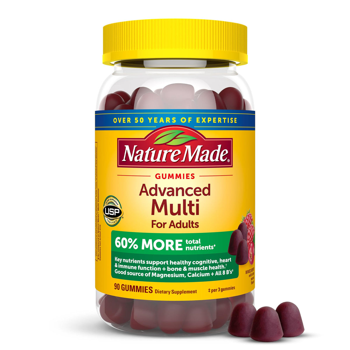Nature Made Advanced Multivitamin Gummies – bouteille, gommes faciles à prendre pour adultes.
