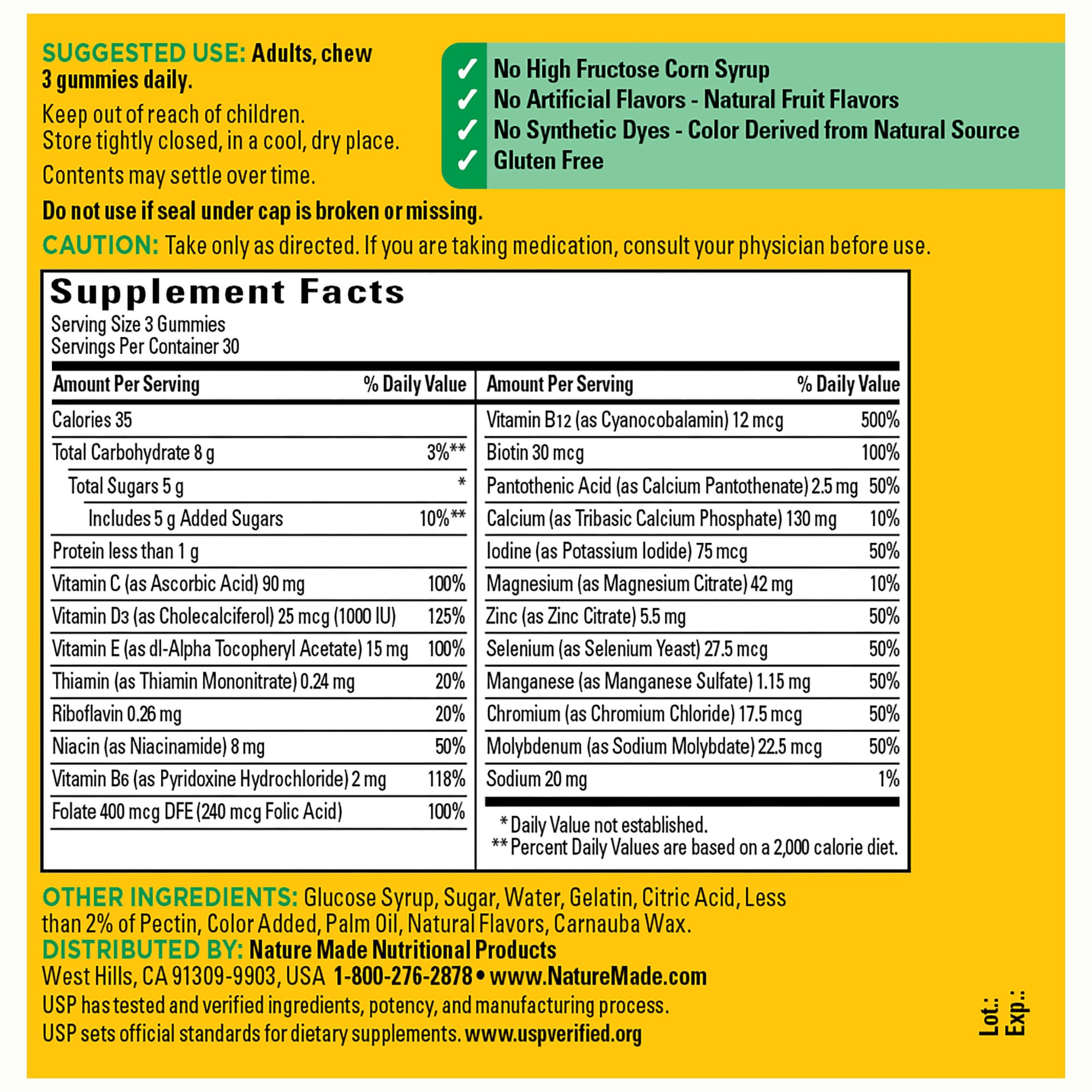 Nature Made Advanced Multivitamin Gummies – gommes fruits bleus, visuel coloré et nutritif.