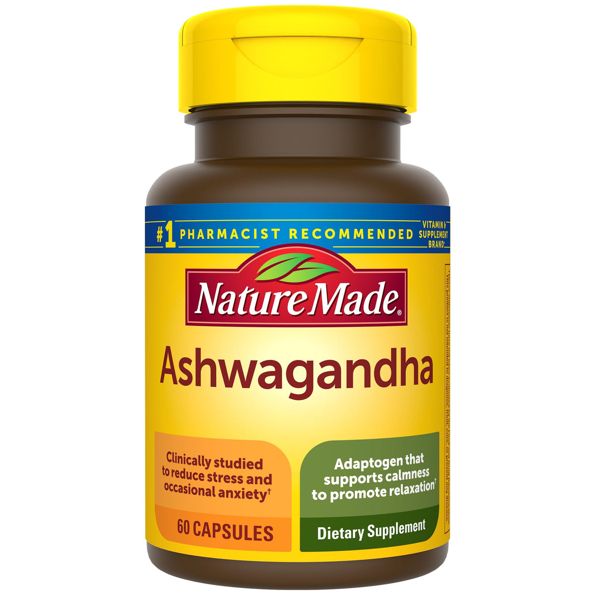 Nature Made Ashwagandha, capsules 125 mg dans le flacon, soutien potentiel au stress.