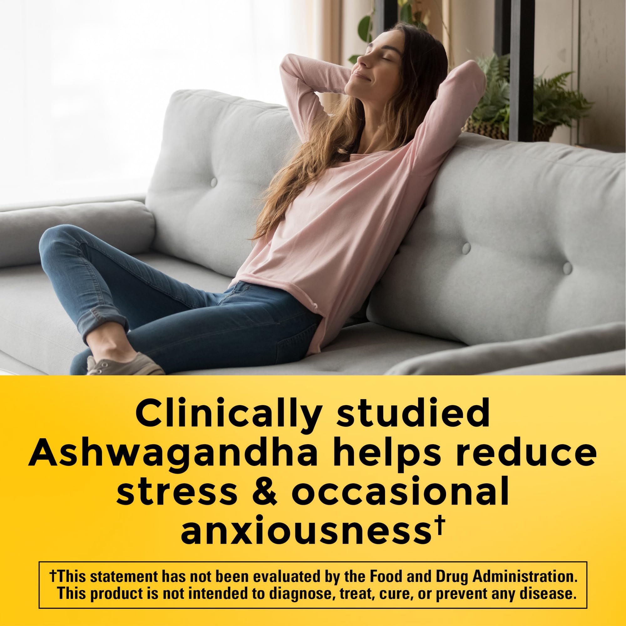 Utilisation quotidienne des capsules Ashwagandha Nature Made pour le stress potentiel.